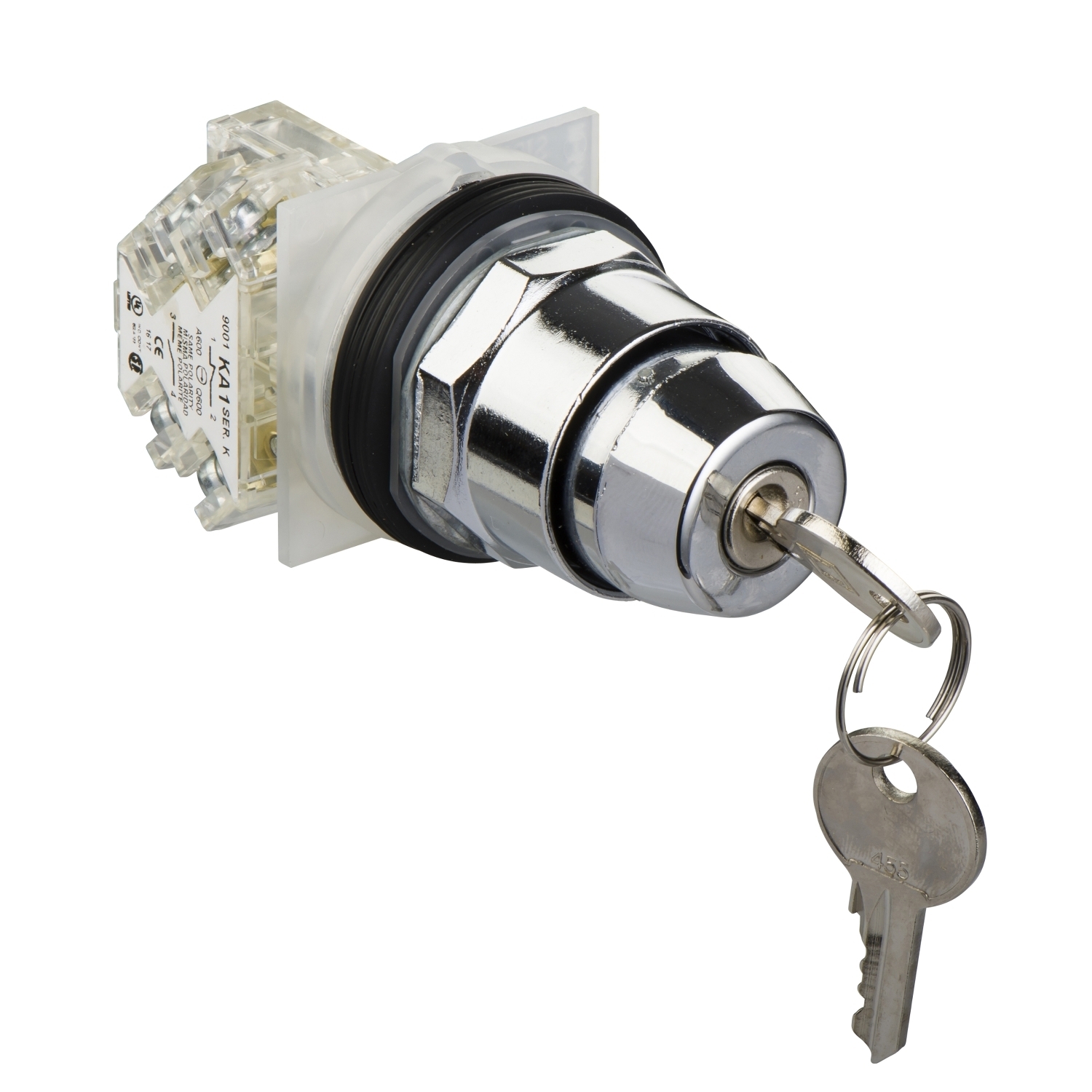 Selector switch, Harmony 9001K, metal, key switch, key active left, 30mm, key E10, 2 positions, Cam E, stay put, 1 CO pos 2