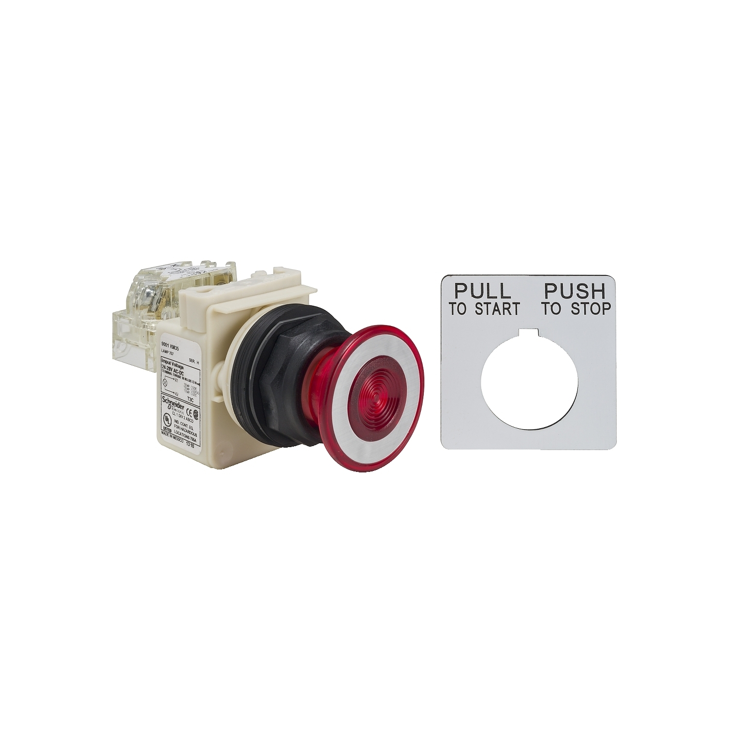 Illuminated push button, Harmony 9001SK, plastic, mushroom 41mm, red, 30mm, 2 positions, push-pull, 110...120V, 1 C/O