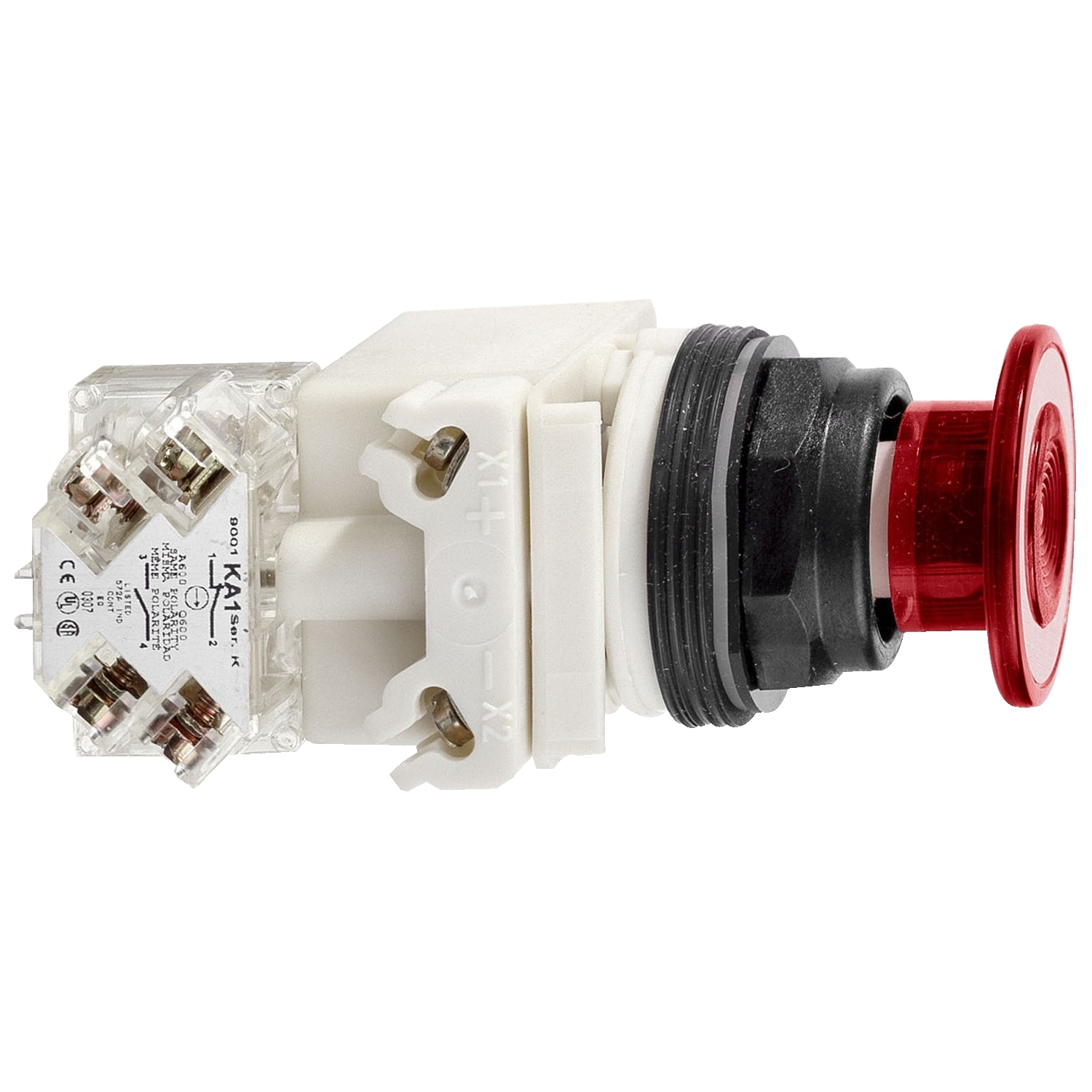 Illuminated push-button head, Harmony 9001SK, plastic, mushroom 41mm, red, 30mm, 2 positions, push-pull, LED red, 120V