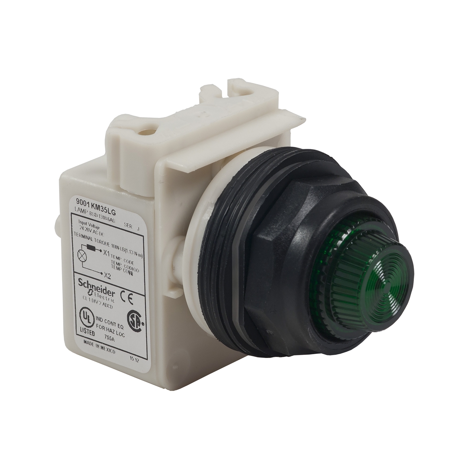 30mm push button, Type SK, push to test pilot light, green 24/28VAC/VDC LED light module, green fresnel lens, NEMA 4, 4X
