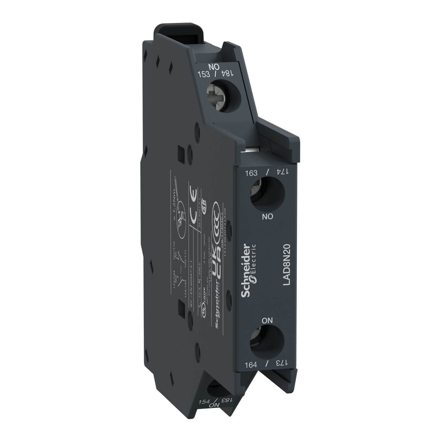 TeSys Deca, auxiliary contact block, 2 NO, side mount, screw clamp terminals, for LC1D09 to LC1D150 contactors