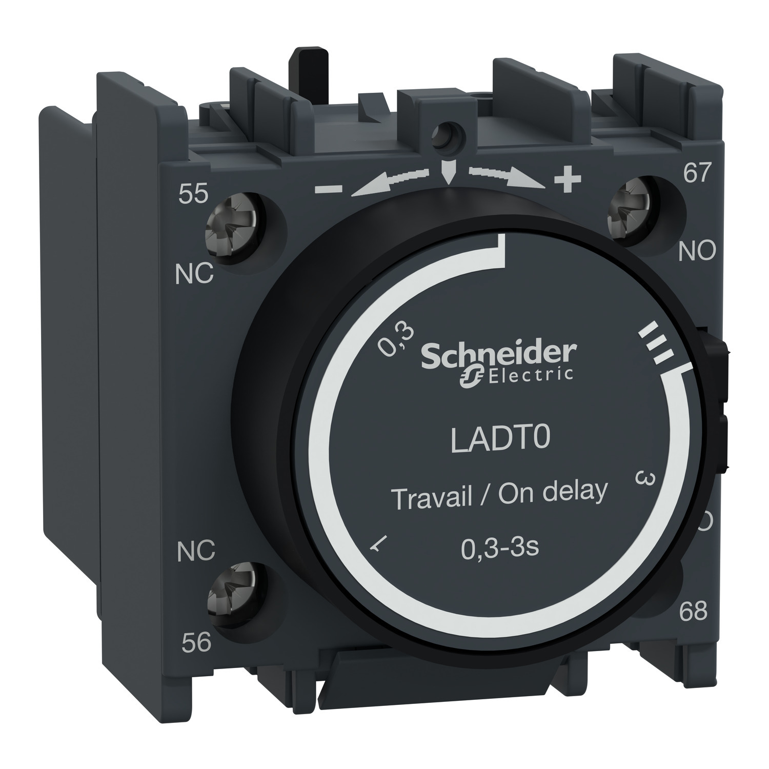 Time delay auxiliary contact block, TeSys Deca, 1NO + 1NC, on delay 0.3-3s, front, screw clamp terminals