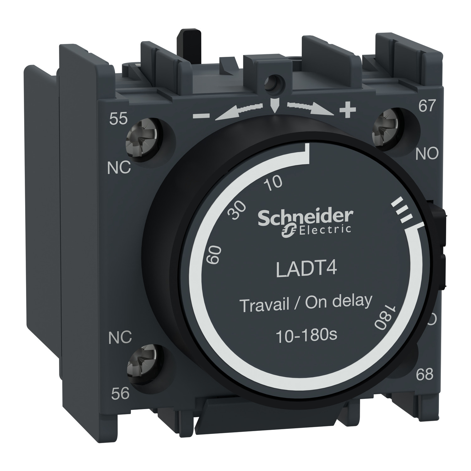 Time delay auxiliary contact block, TeSys Deca, 1NO + 1NC, on delay 10-180s, front, screw clamp terminals