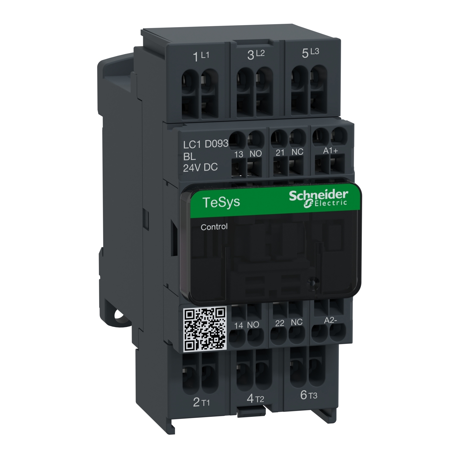 IEC contactor, TeSys Deca, nonreversing, 9A, 5HP at 480VAC, 3 phase, 3 pole, 3 NO, low consumption 24VDC coil, open style