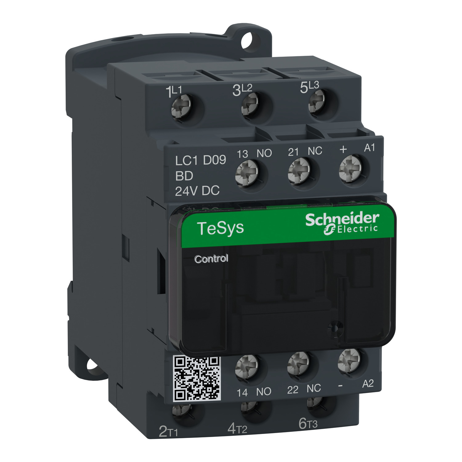 IEC contactor, TeSys Deca, nonreversing, 9A, 5HP at 480VAC, up to 100kA SCCR, 3 phase, 3 NO, 24VDC coil, open style