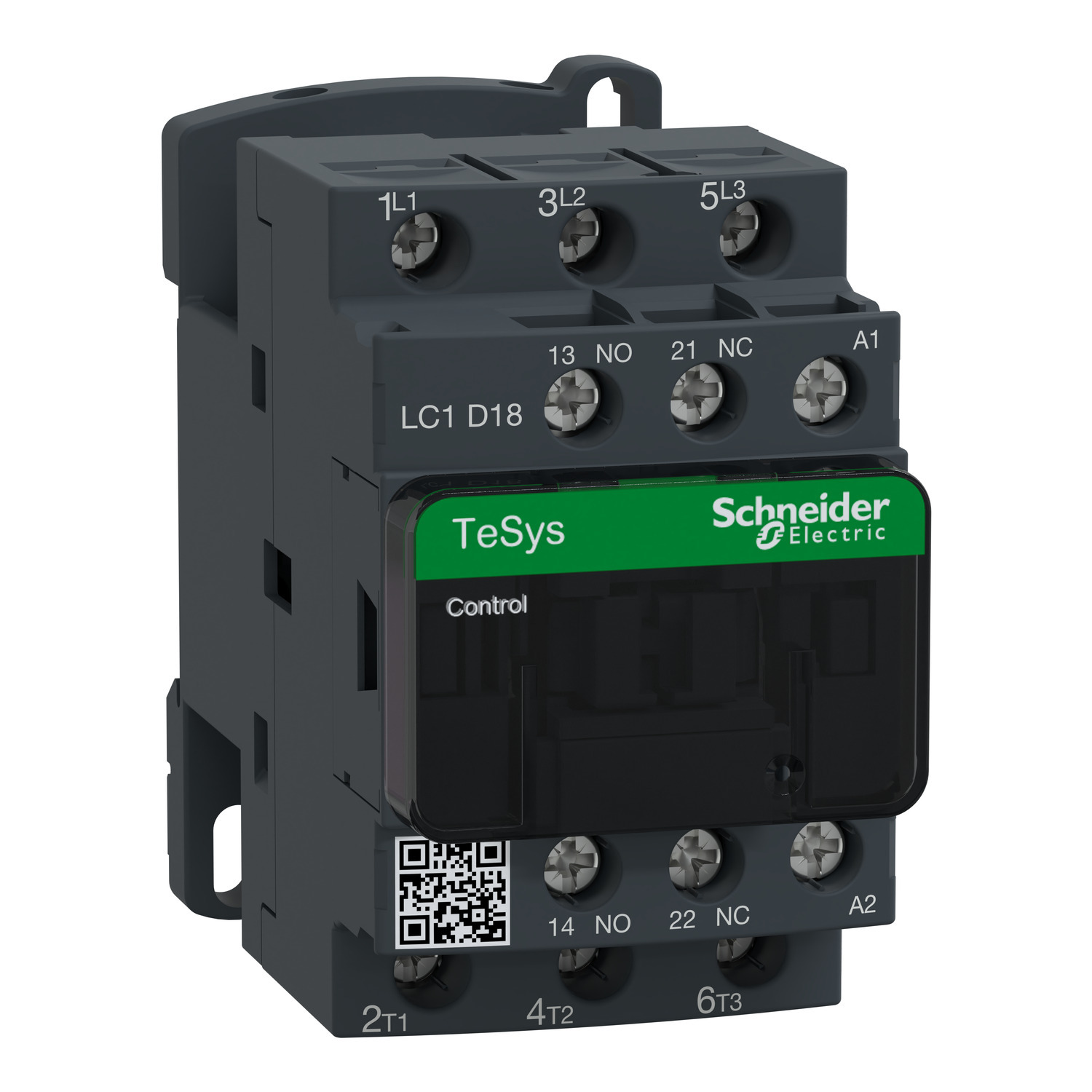 IEC contactor, TeSys Deca, nonreversing, 18A, 10HP at 480VAC, up to 100kA SCCR, 3 phase, 3 NO, 120VAC 50/60Hz coil, open