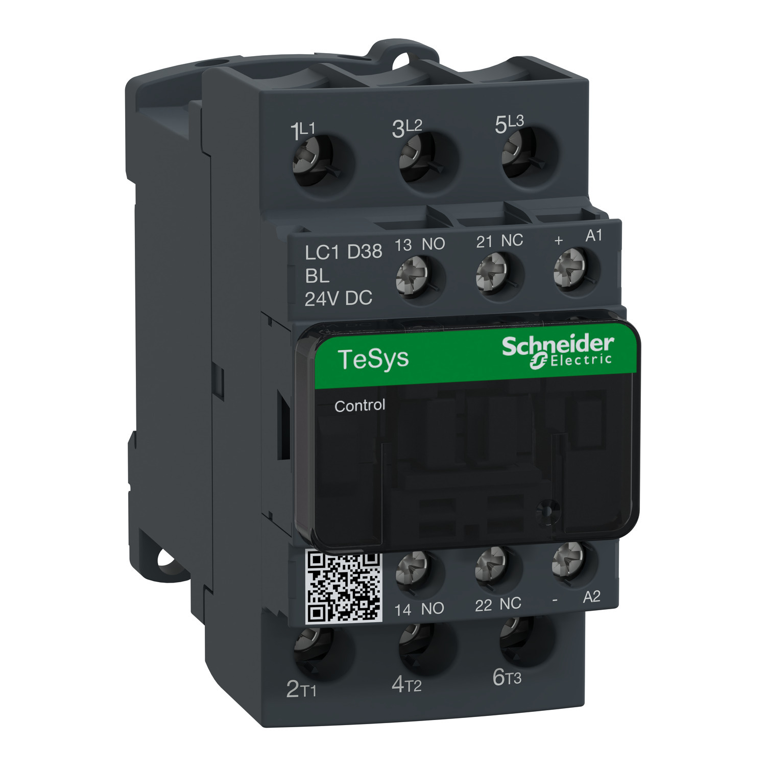 IEC contactor, TeSys Deca, nonreversing, 38A, 20HP at 480VAC, up to 100kA SCCR, 3 phase, 3 NO, low consumption 24VDC coil