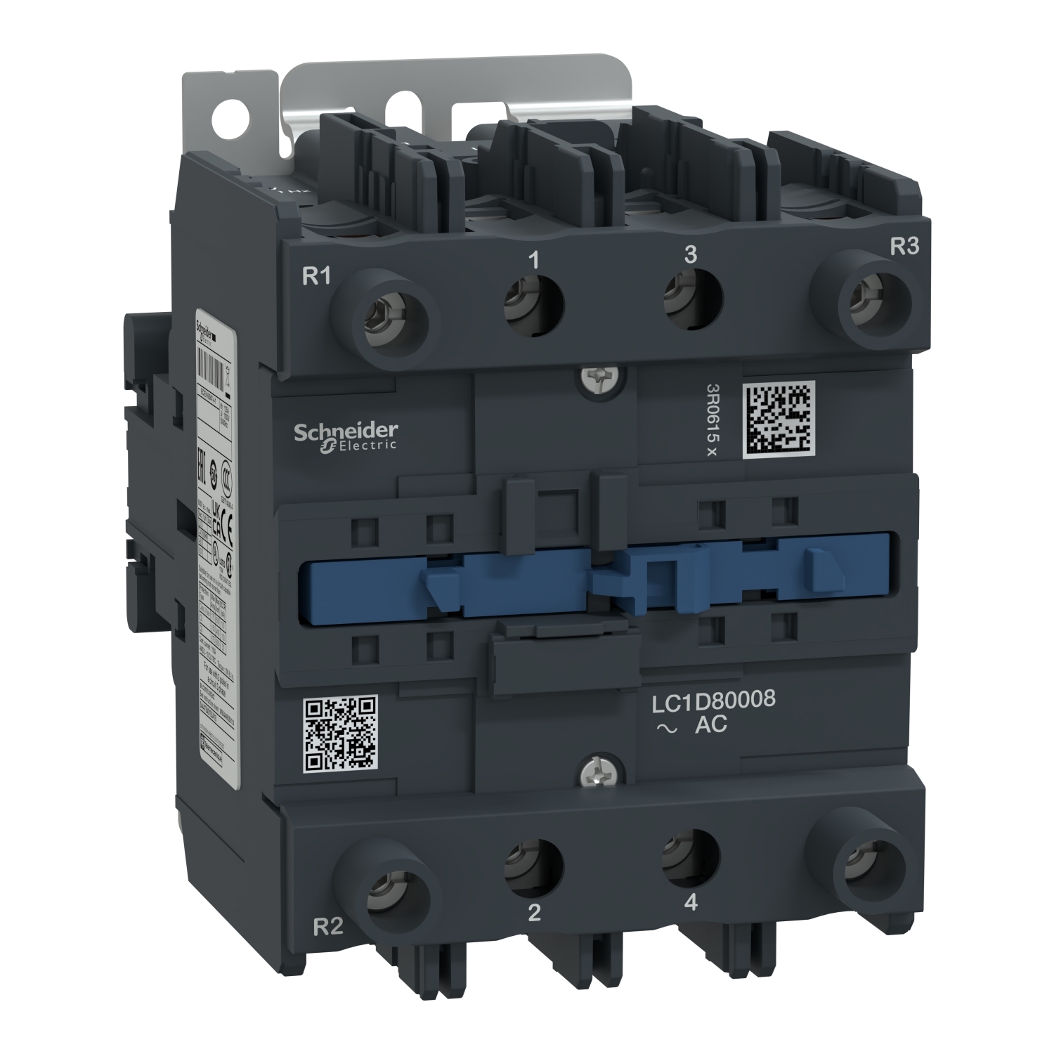 IEC contactor, TeSys Deca, nonreversing, 125A resistive, 4 pole, 2 NO and 2 NC, 120VAC 60Hz coil, open style