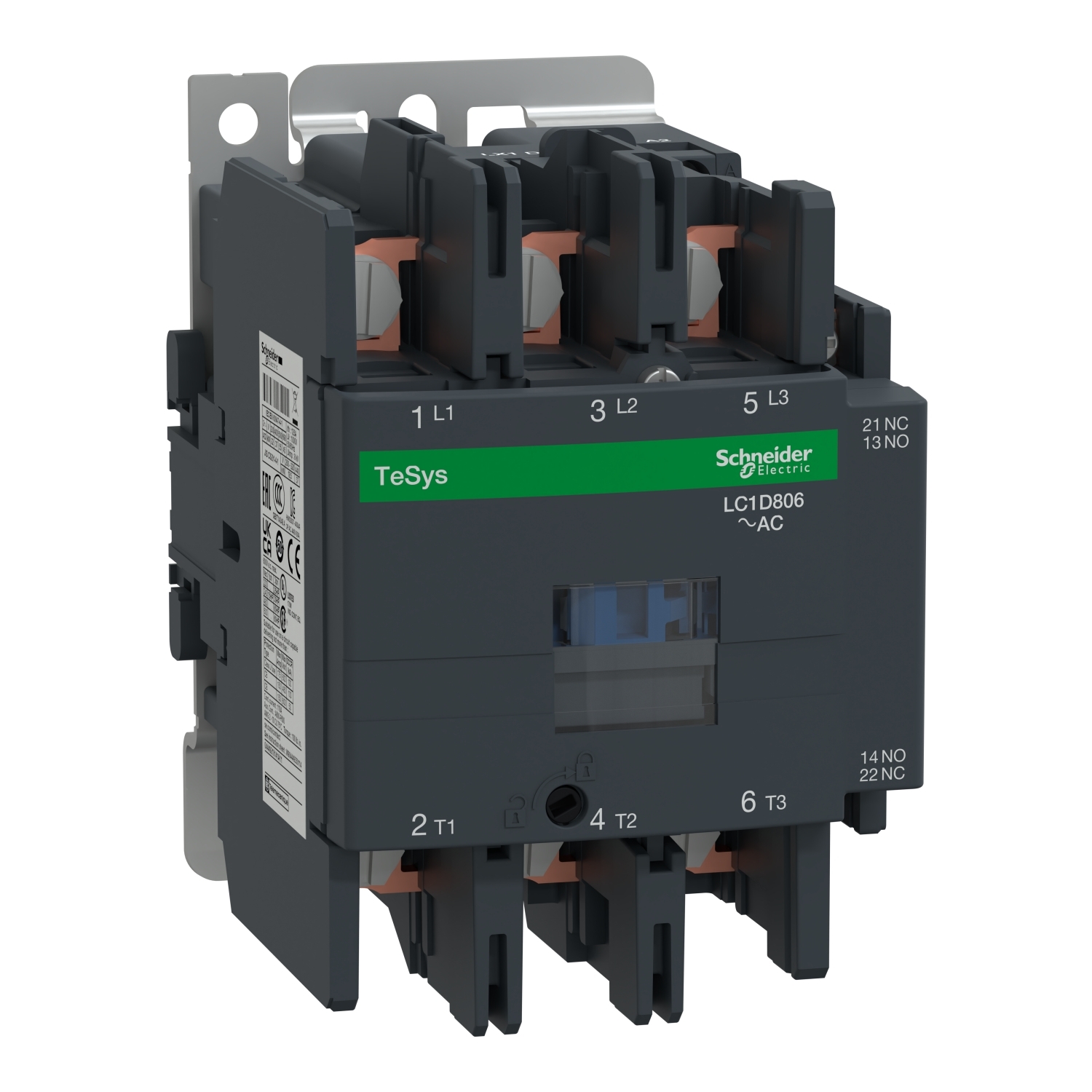 IEC contactor, TeSys Deca, nonreversing, 80A, 60HP at 480VAC, 3 phase, 3 pole, 3 NO, 120VAC 50/60Hz coil, open style