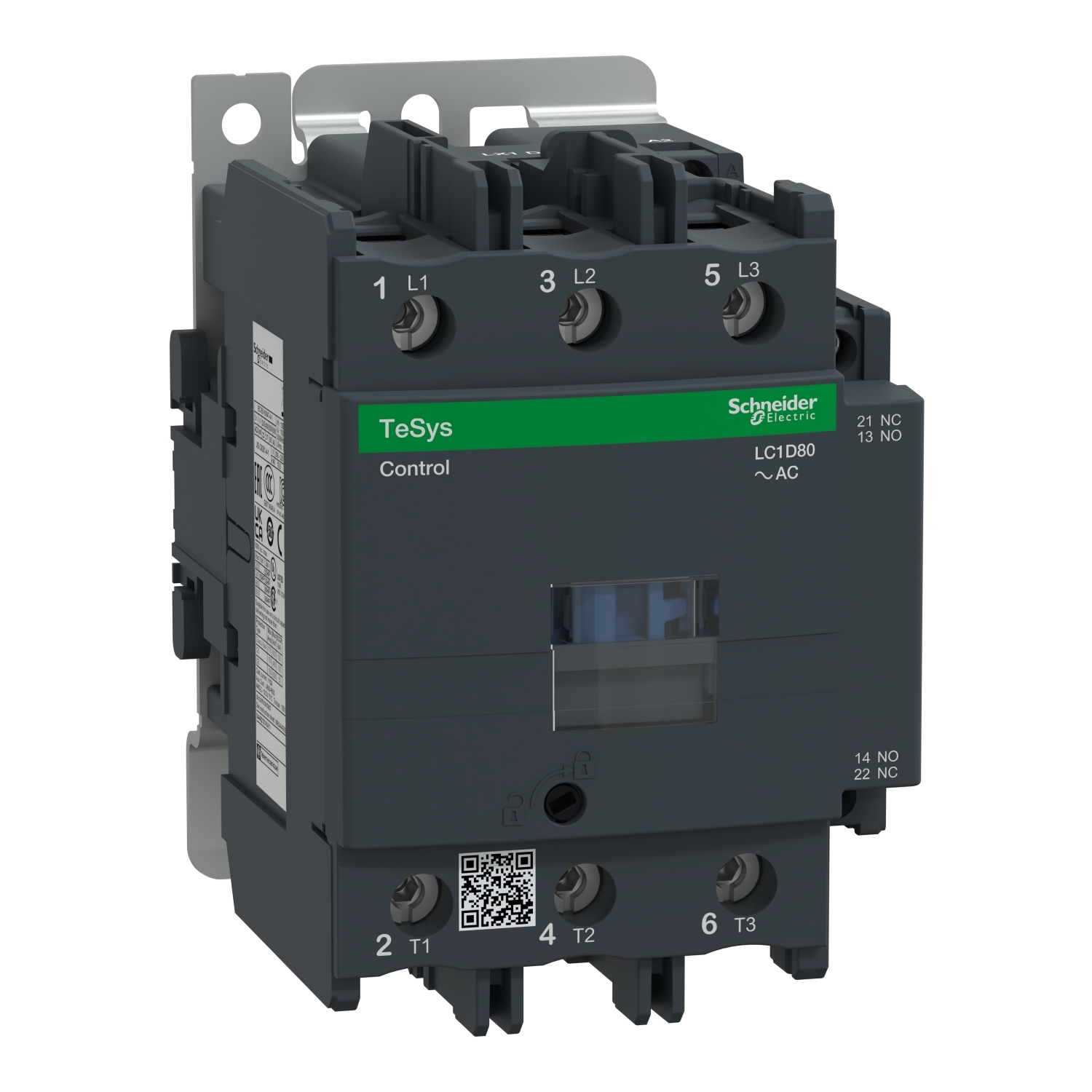 IEC contactor, TeSys Deca, nonreversing, 80A, 60HP at 480VAC, up to 100kA SCCR, 3 phase, 3 NO, 220VAC 50/60Hz coil, open