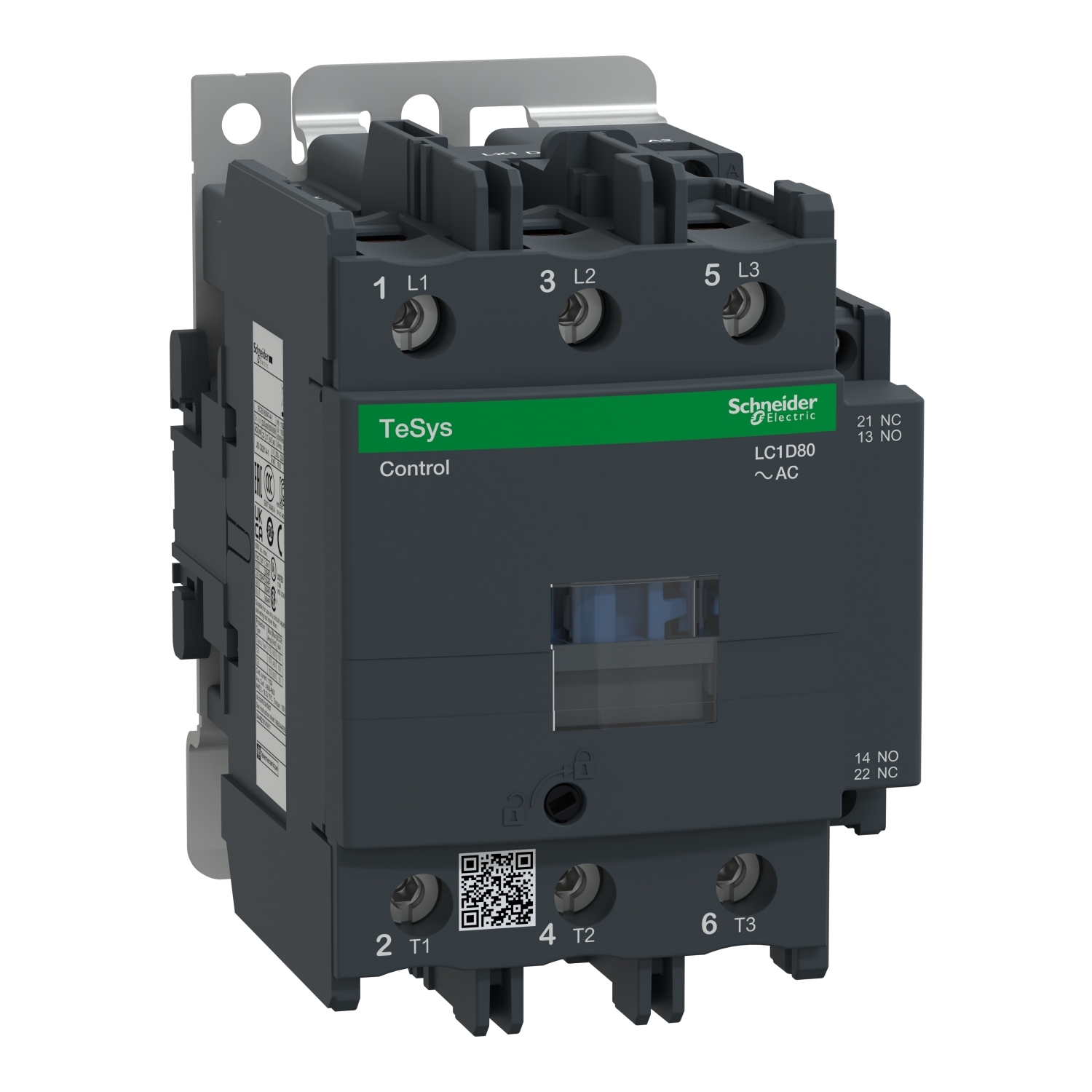 IEC contactor, TeSys Deca, nonreversing, 80A, 60HP at 480VAC, up to 100kA SCCR, 3 phase, 3 NO, 230VAC 50/60Hz coil, open