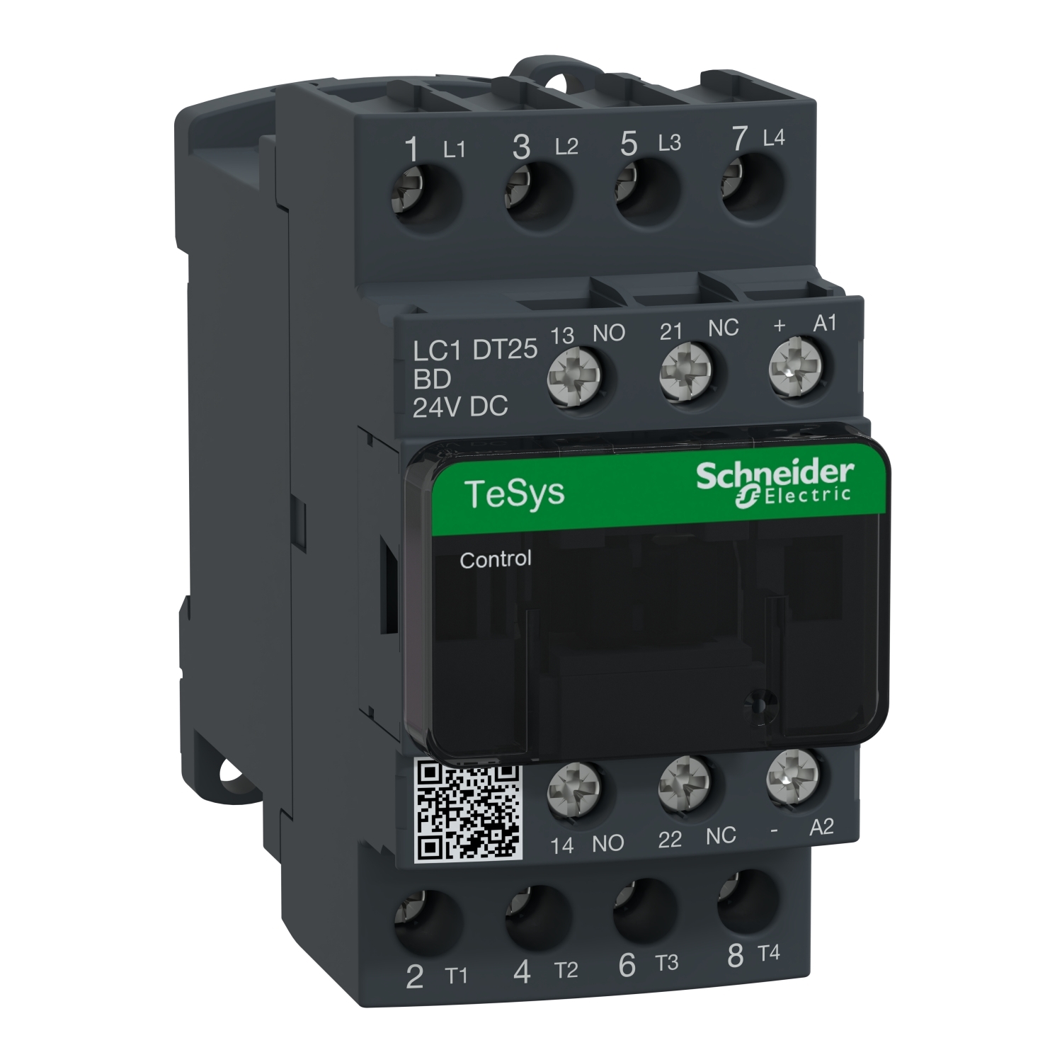 IEC contactor, TeSys Deca, nonreversing, 25A resistive, 4 pole, 4 NO, 24VDC coil, open style