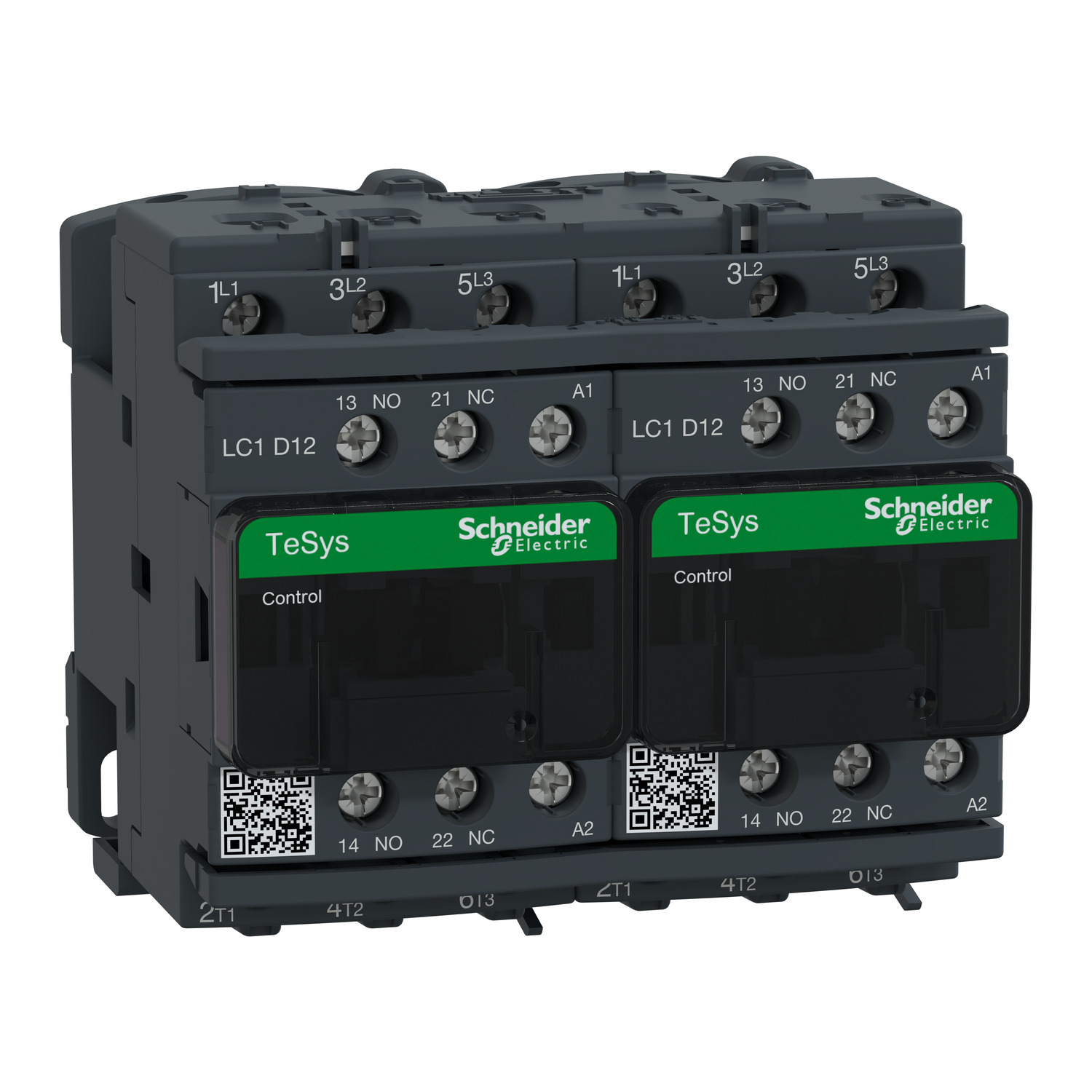 IEC contactor, TeSys Deca reversing, 12A, 7.5HP at 480VAC, 3 phase, 3 pole, 3 NO, 120VAC 50/60Hz coil, open style