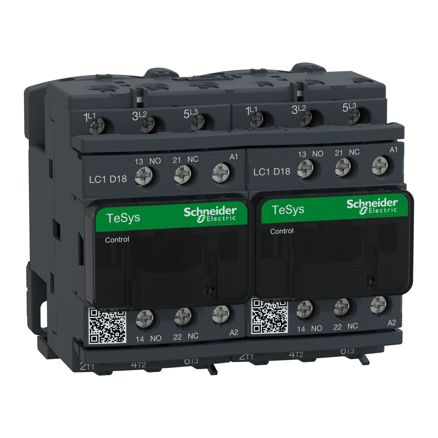 IEC contactor, TeSys Deca, reversing, 18A, 10HP at 480VAC, 3 phase, 3 pole, 3 NO, 120VAC 50/60Hz coil, open style