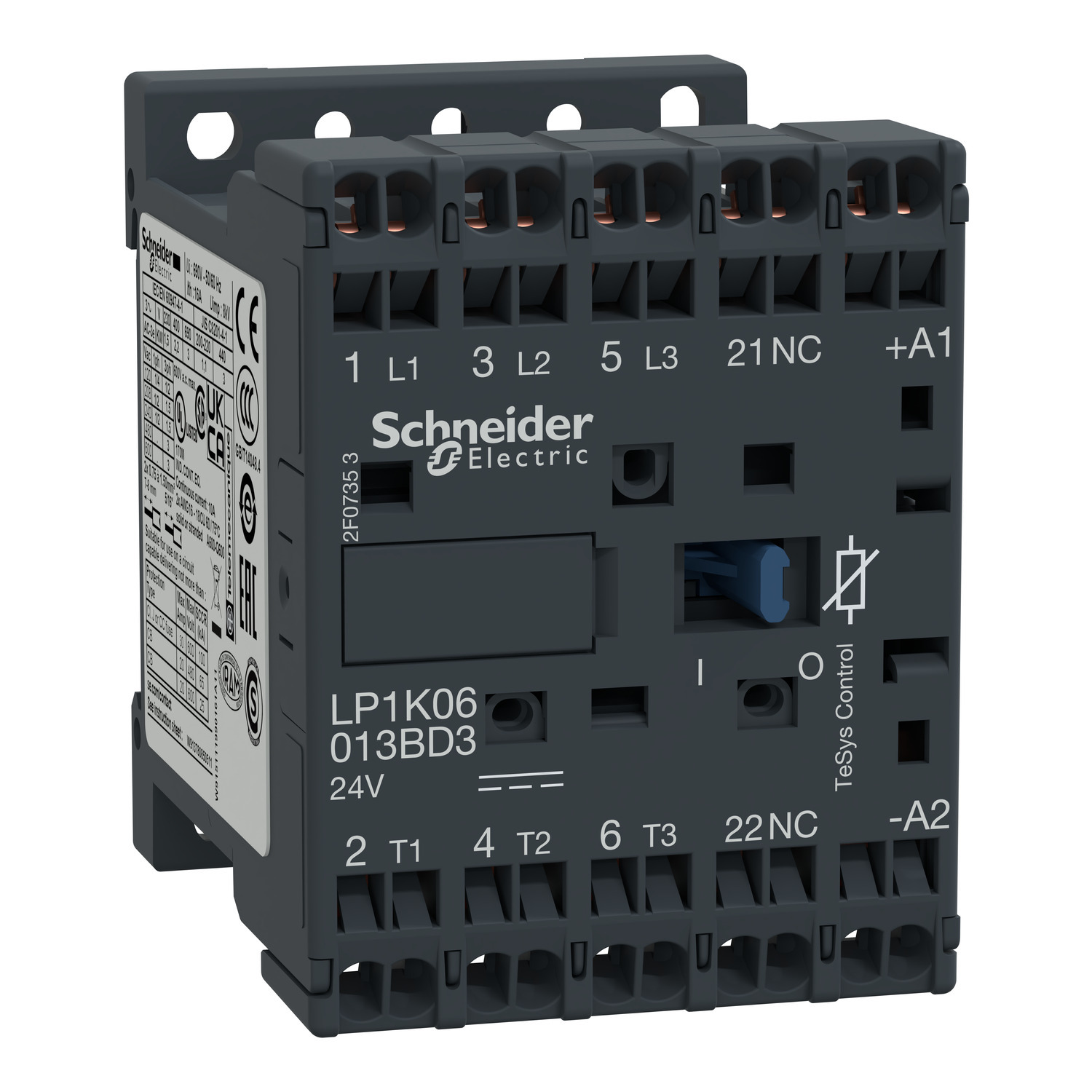 Contactor, TeSys K, 3P, AC-3, lt or eq to 440V, 6A, 1 NC aux, 24VDC coil