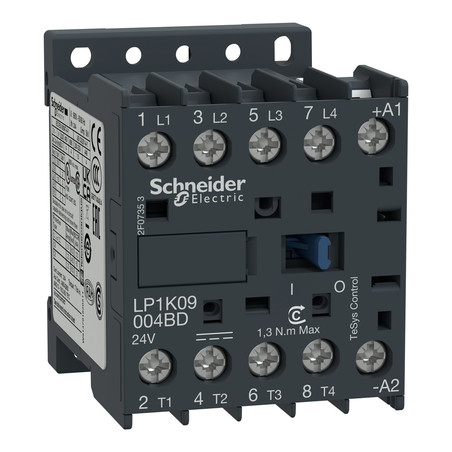 Contactor, TeSys K, 4P, 4 NO, AC-1, lt or eq to 440V, 20A, 24VDC coil