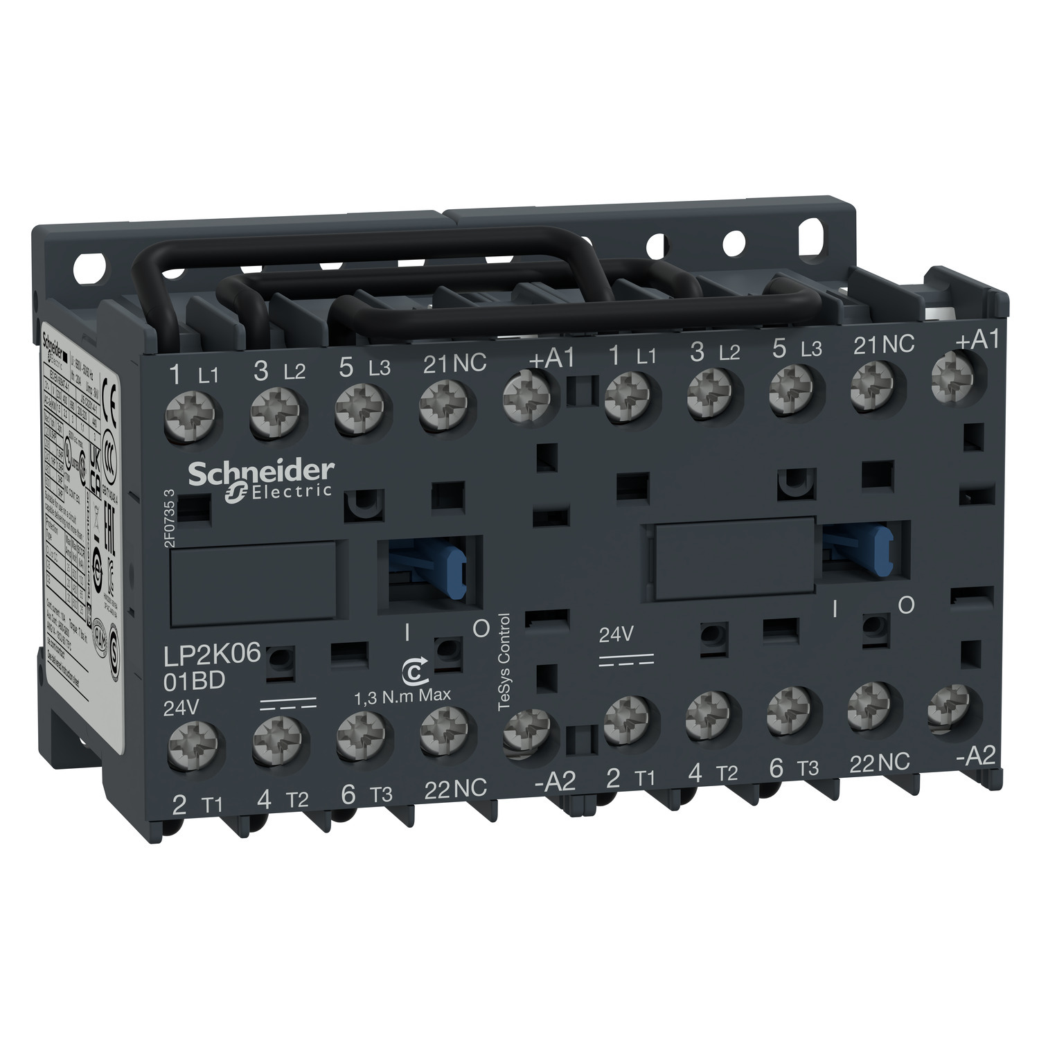 Reversing contactor, TeSys K, 3P, AC-3, lt or eq to 440V 6A, 1 NC, 24VDC coil