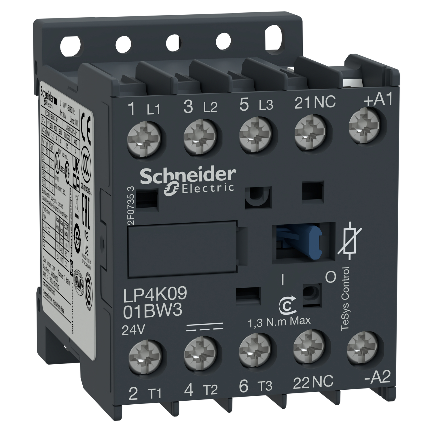 Contactor, TeSys K, 3P, AC-3, lt or eq to 440V, 9A, 1 NC aux, 24VDC coil
