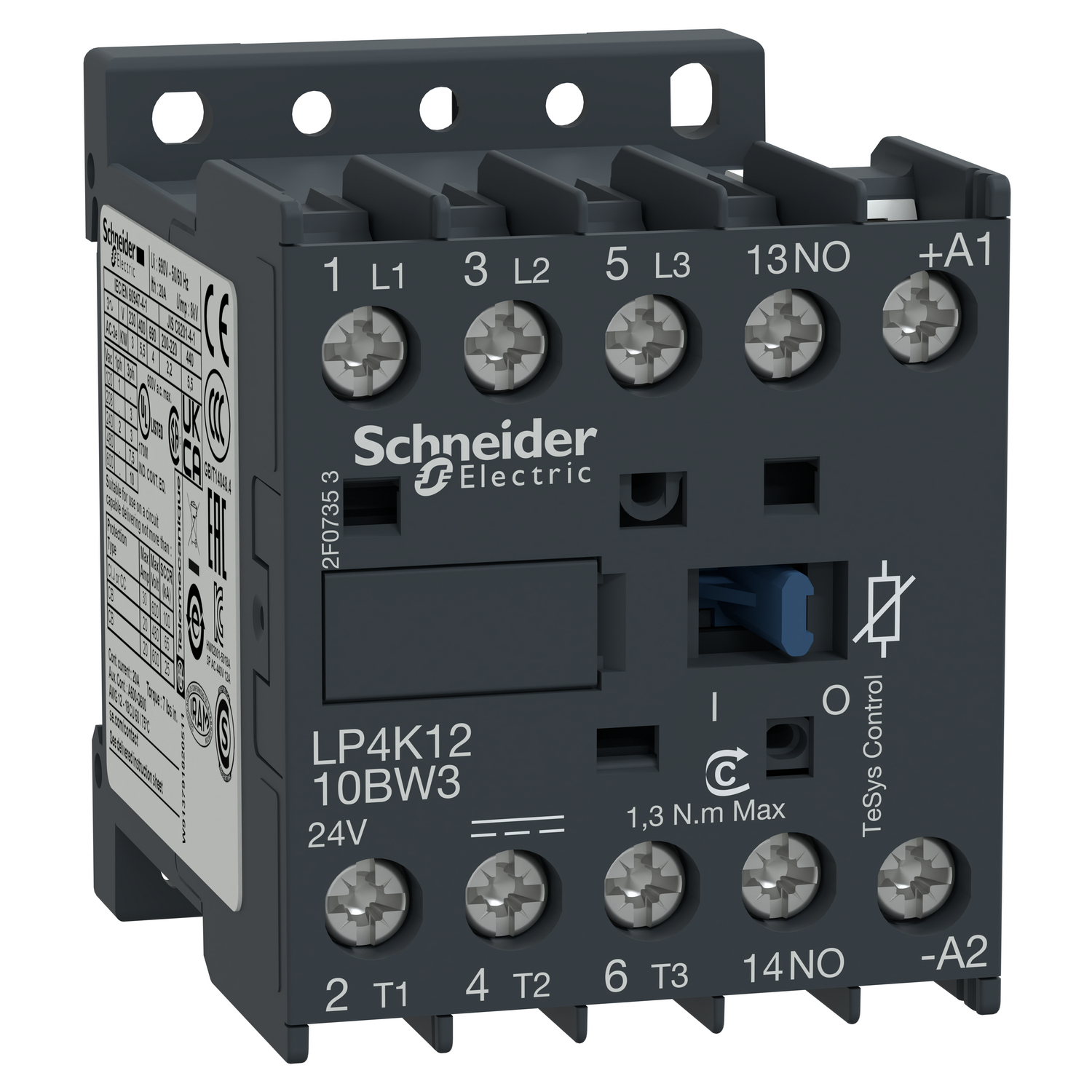 Contactor, TeSys K, 3P, AC-3, lt or eq to 440V, 12A, 1 NO aux, 24VDC coil