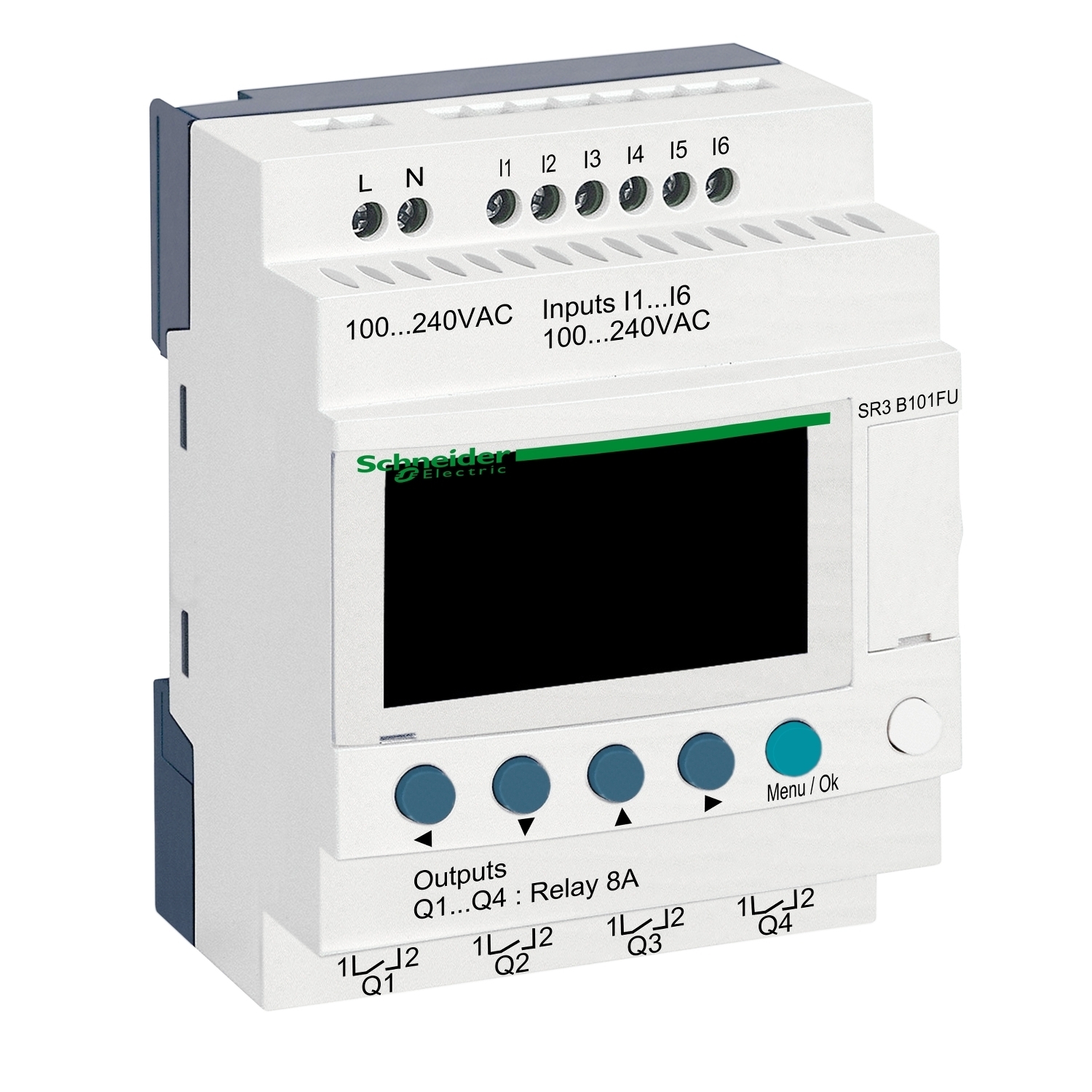 modular smart relay, Zelio Logic SR2 SR3, 10 IO, 100 to 240V AC, clock, display