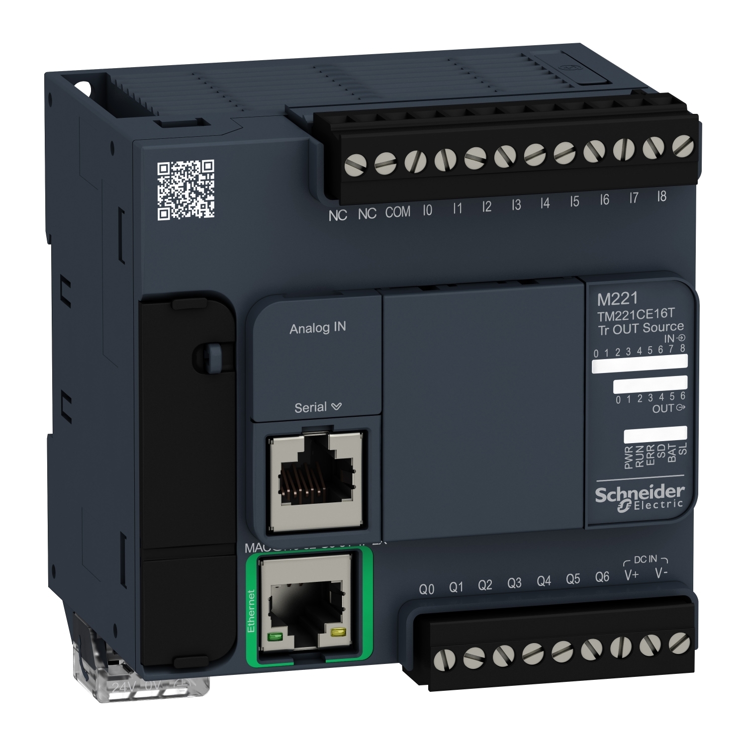 logic controller, Modicon M221, 16 IO, 9 DI, 7 DO, transistor, PNP, Ethernet