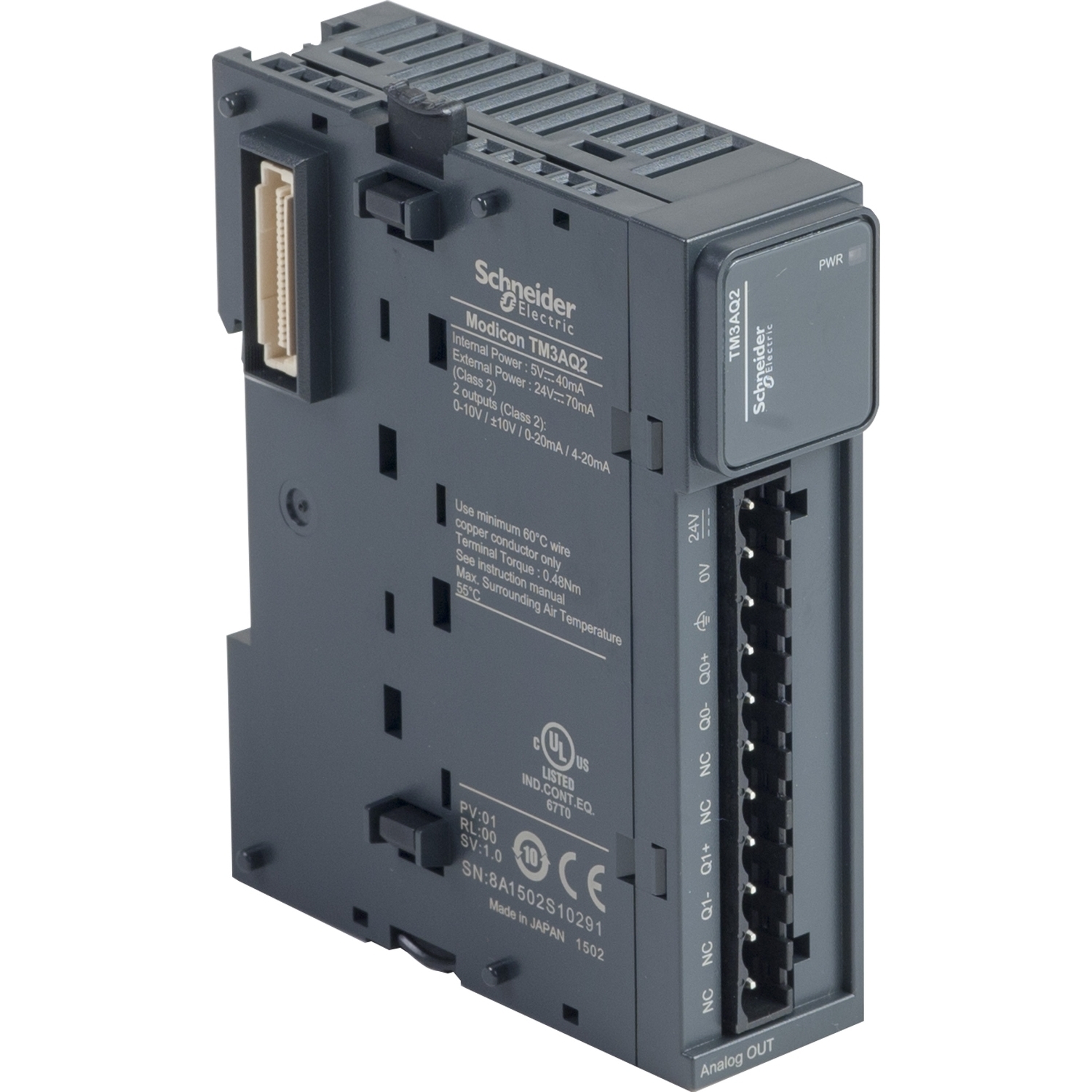 analog output module, Modicon TM3, 2 outputs, screw, 24V DC
