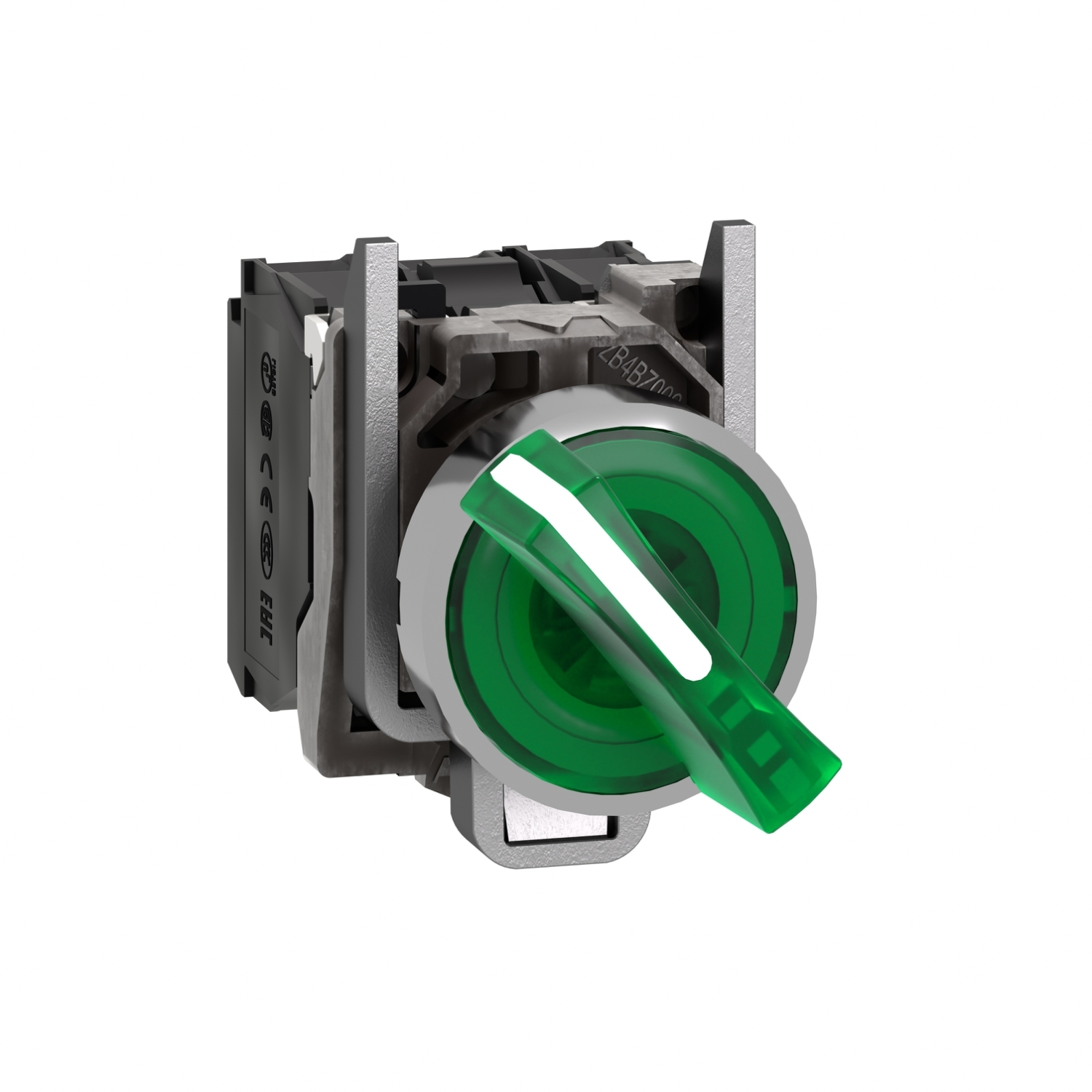 Illuminated selector switch, Harmony XB4, metal, green handle, 22mm, universal LED, 2 positions, 1NO + 1NC, 24V AC DC