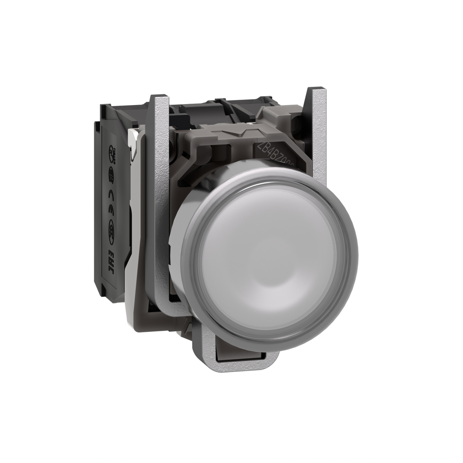 Illuminated push button, Harmony XB4, metal, white flush, 22mm, universal LED, plain lens, 1NO + 1NC, 24V AC DC