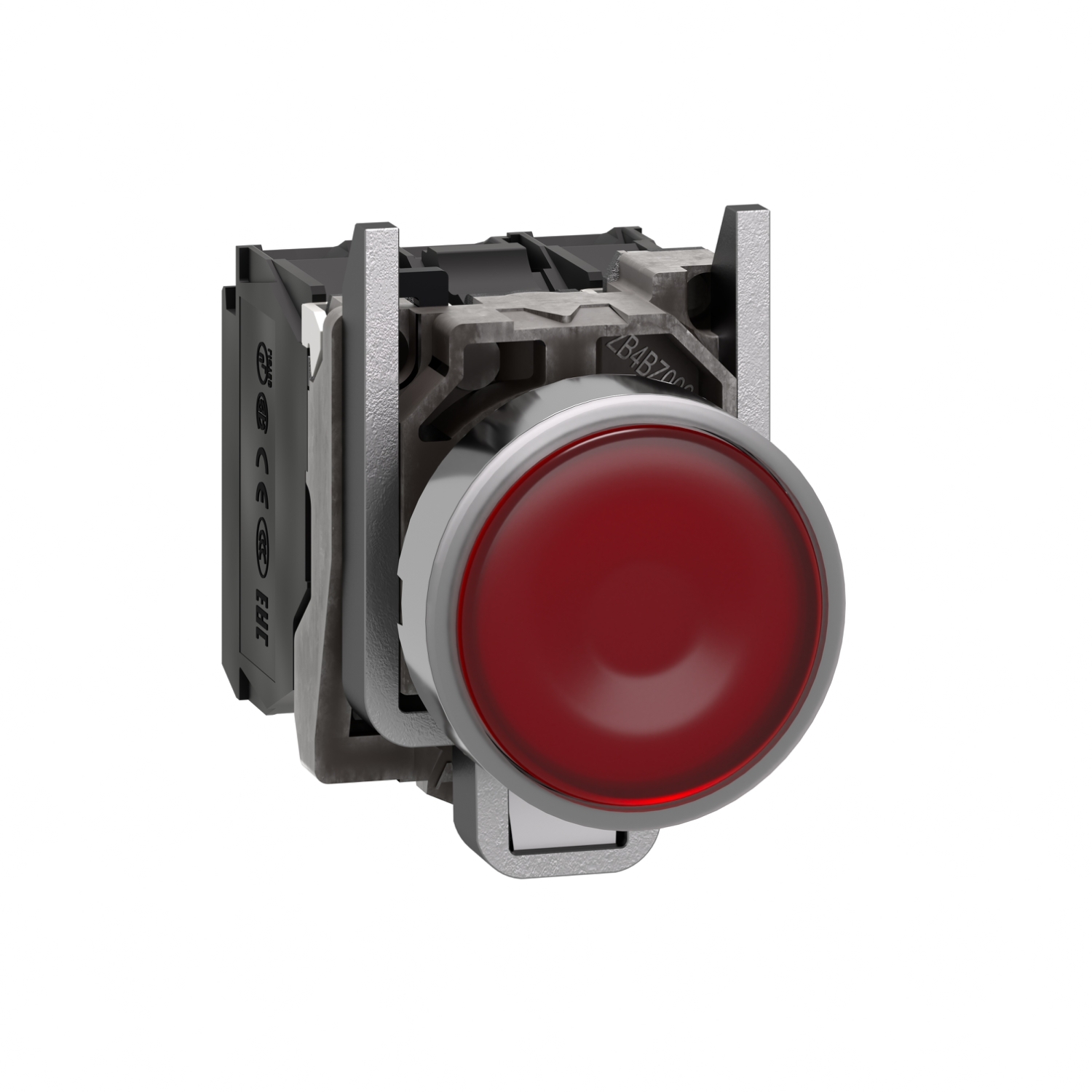 Illuminated push button, Harmony XB4, metal, red flush, 22mm, universal LED, plain lens, 1NO + 1NC, 110...120V AC