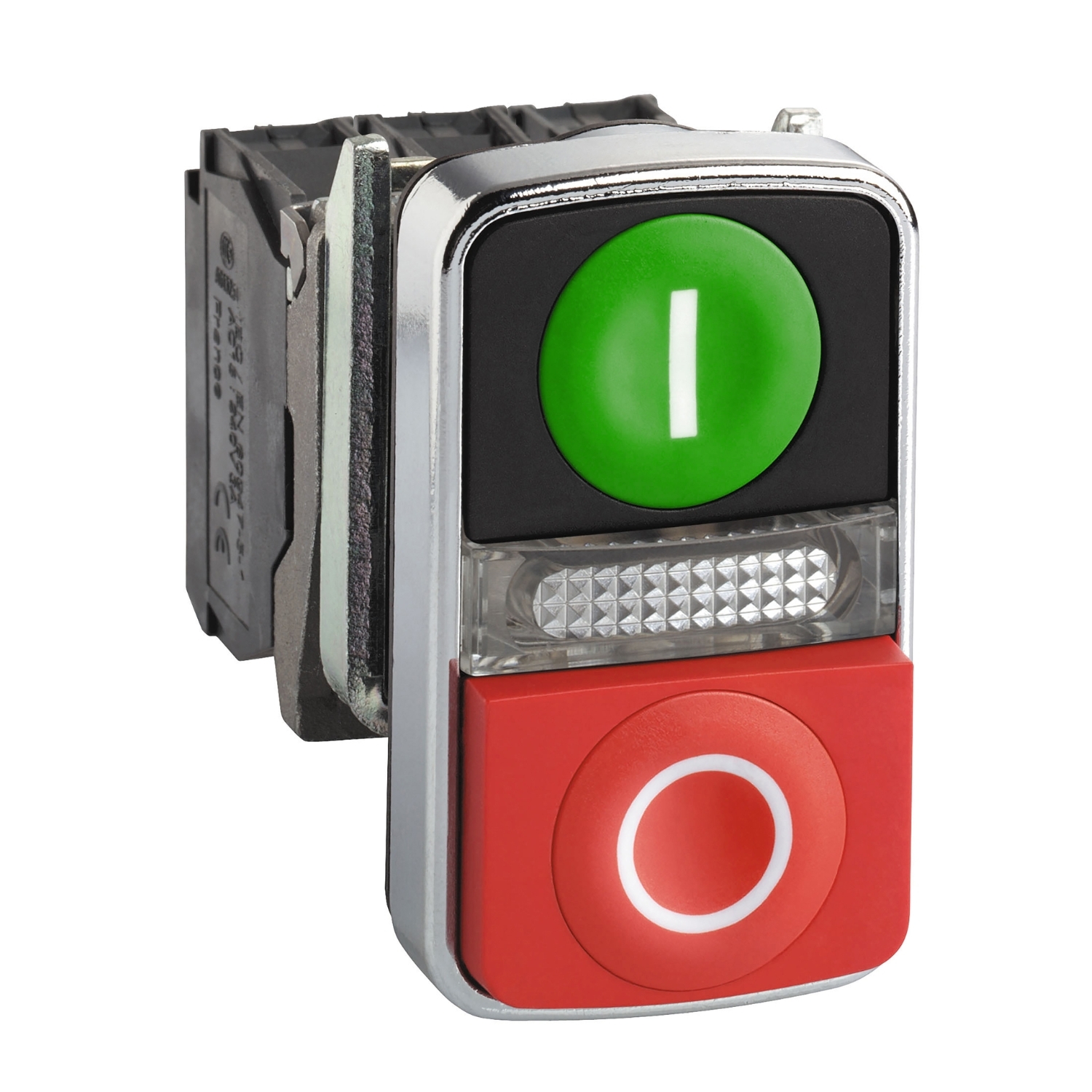 Illuminated double headed push button, Harmony XB4, metal, 22mm, 1 green flush I + 1 pilot light + 1 red projecting O, 1 NO + 1 NC