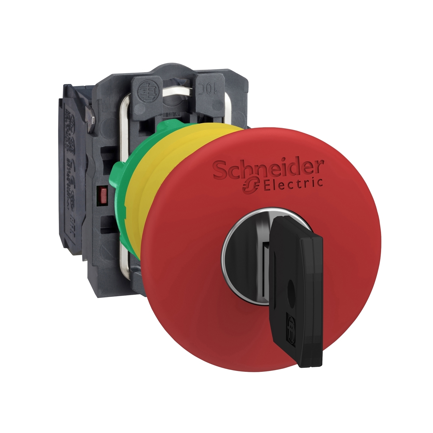Emergency stop switching off, Harmony XB5, plastic, red mushroom 40mm, 22mm trigger latching key release, 1NO+1NC