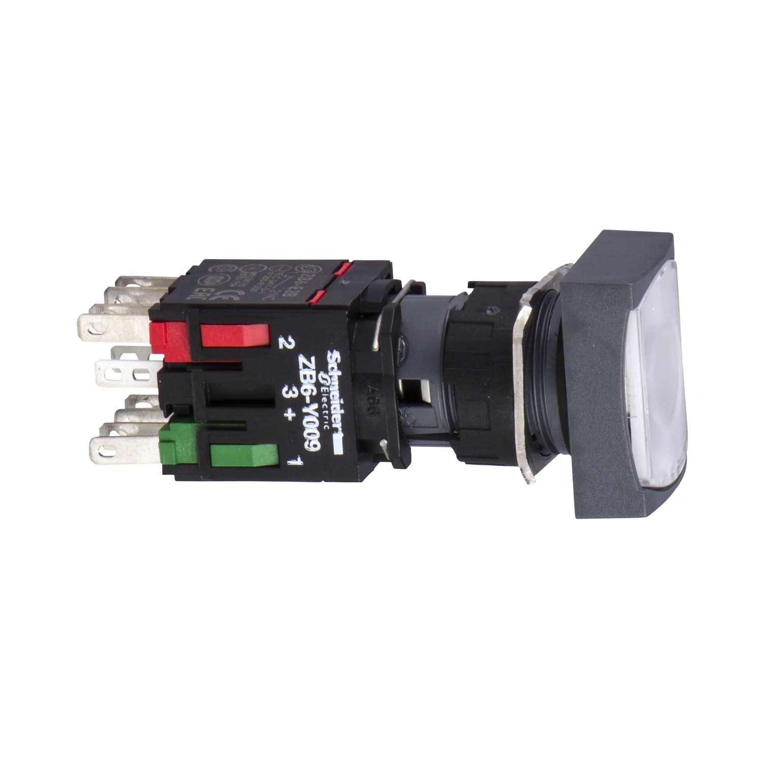 Complete illuminated push button, Harmony XB6, white rectang flush, 16mm, spring return 1NO 12...24V