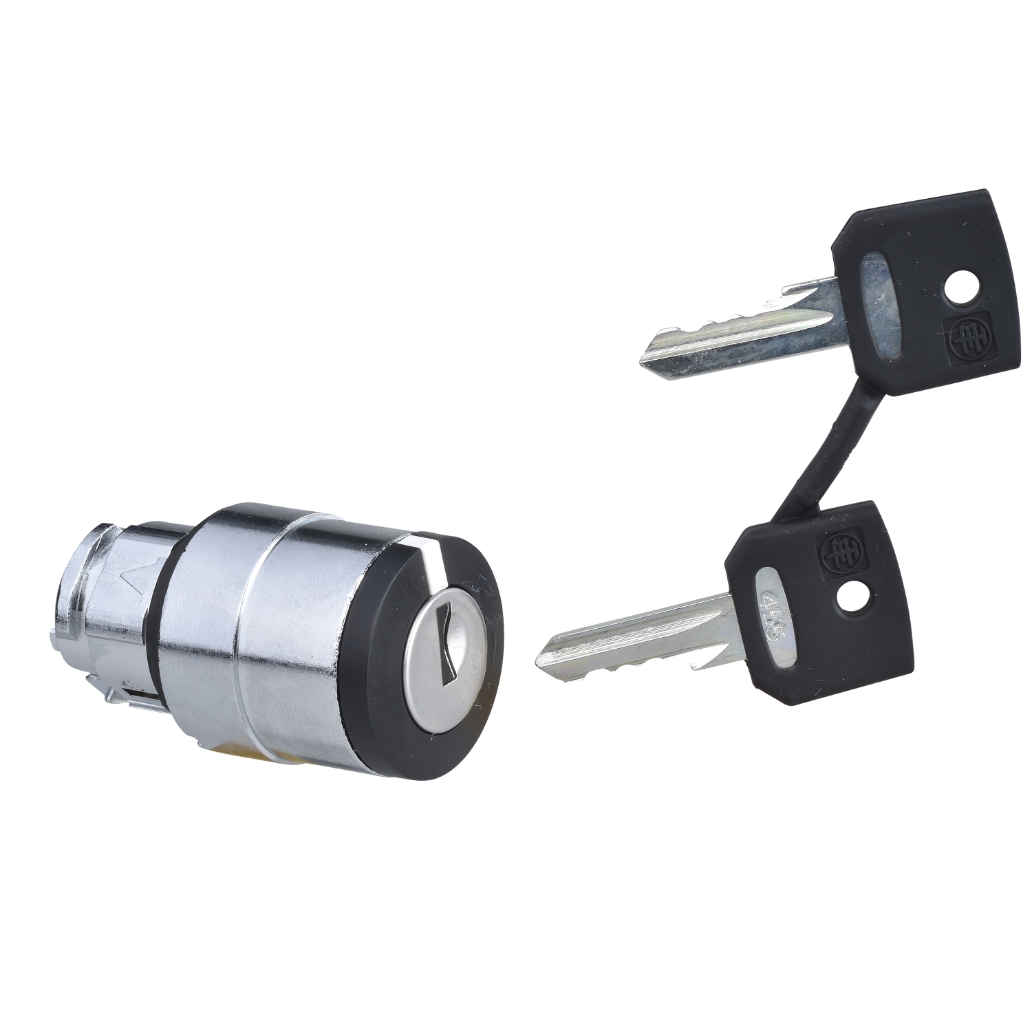 Key switch selector head, Harmony XB4, metal, black, 22mm, key 455, 3 positions, spring return from right to center, key withdrawal left