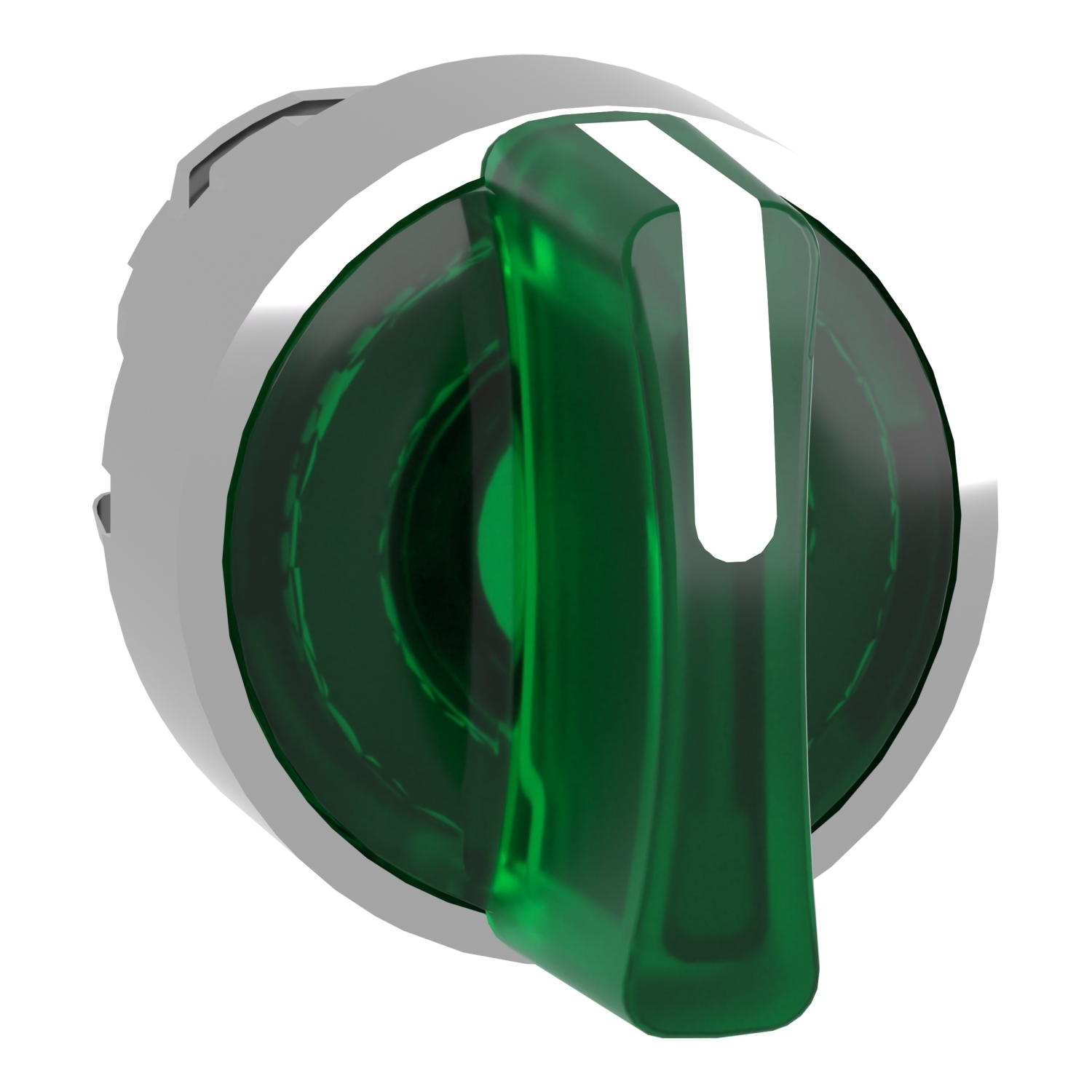 Head for illuminated selector switch, Harmony XB4, chromium metal, green handle, 22mm, universal LED, 3 positions, left to center