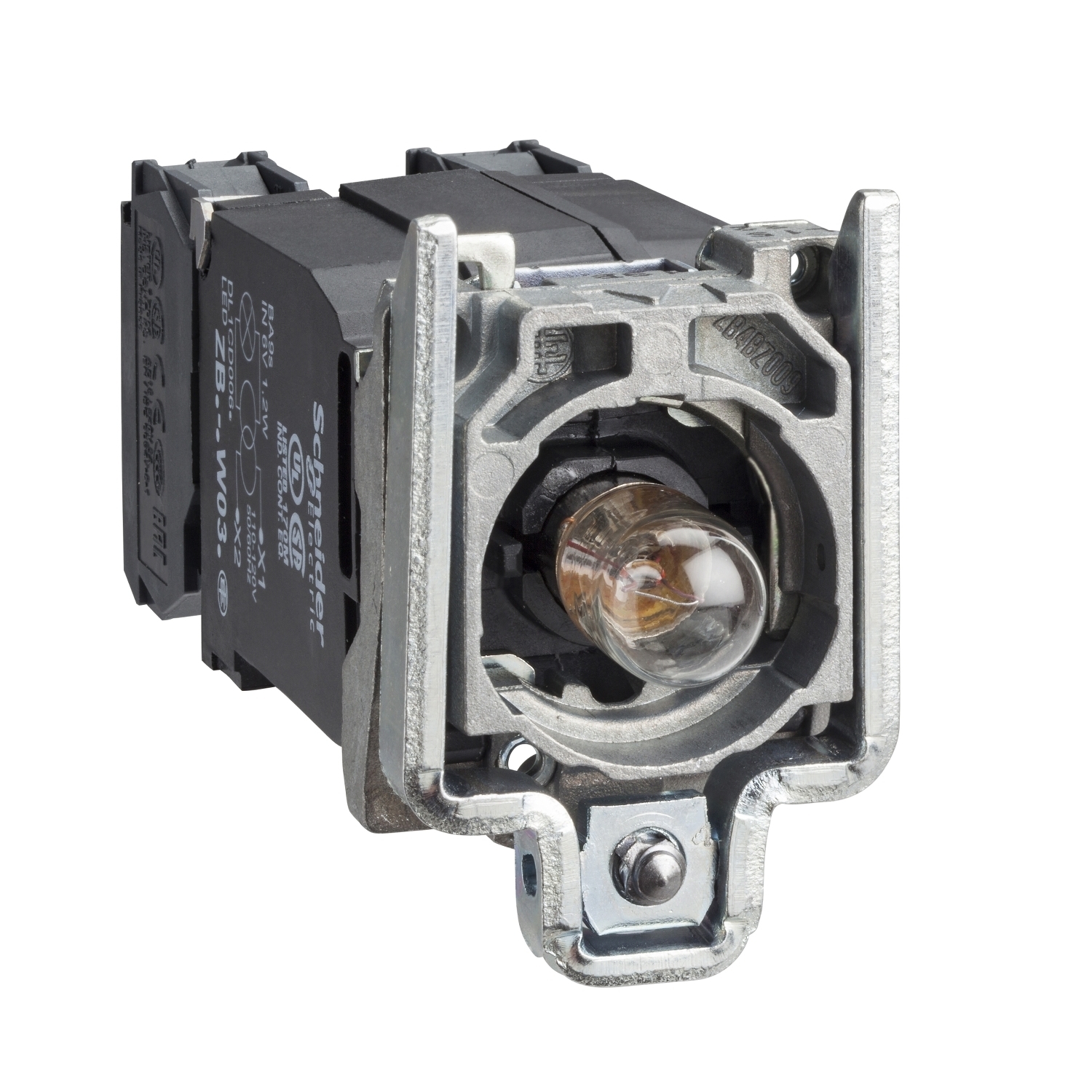 Complete body/contact assembly and light block, Harmony XB4, with body/fixing collar, BA9s incandescent bulb, 220...240V, 1NO + 1NC