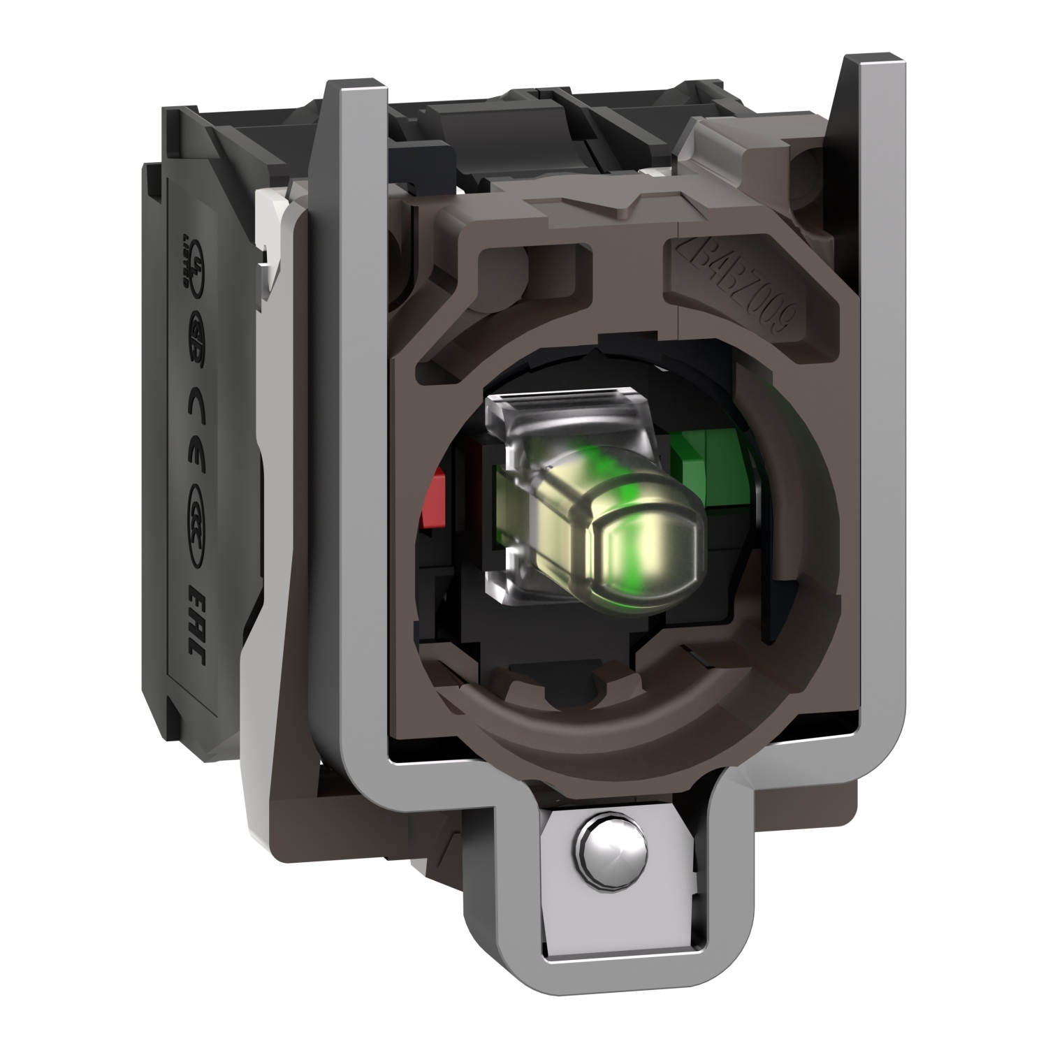 Complete body contact assembly and light block, Harmony XB4, metal, universal LED, body fixing collar, 1NO + 1NC, 24V AC DC