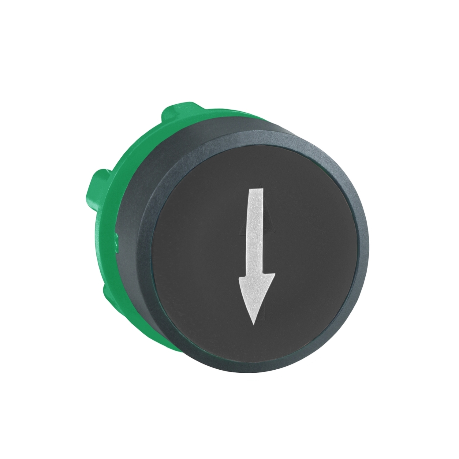 Head for non illuminated push button, Harmony XB5, plastic, flush, black, 22mm, spring return, marked DOWN ARROW