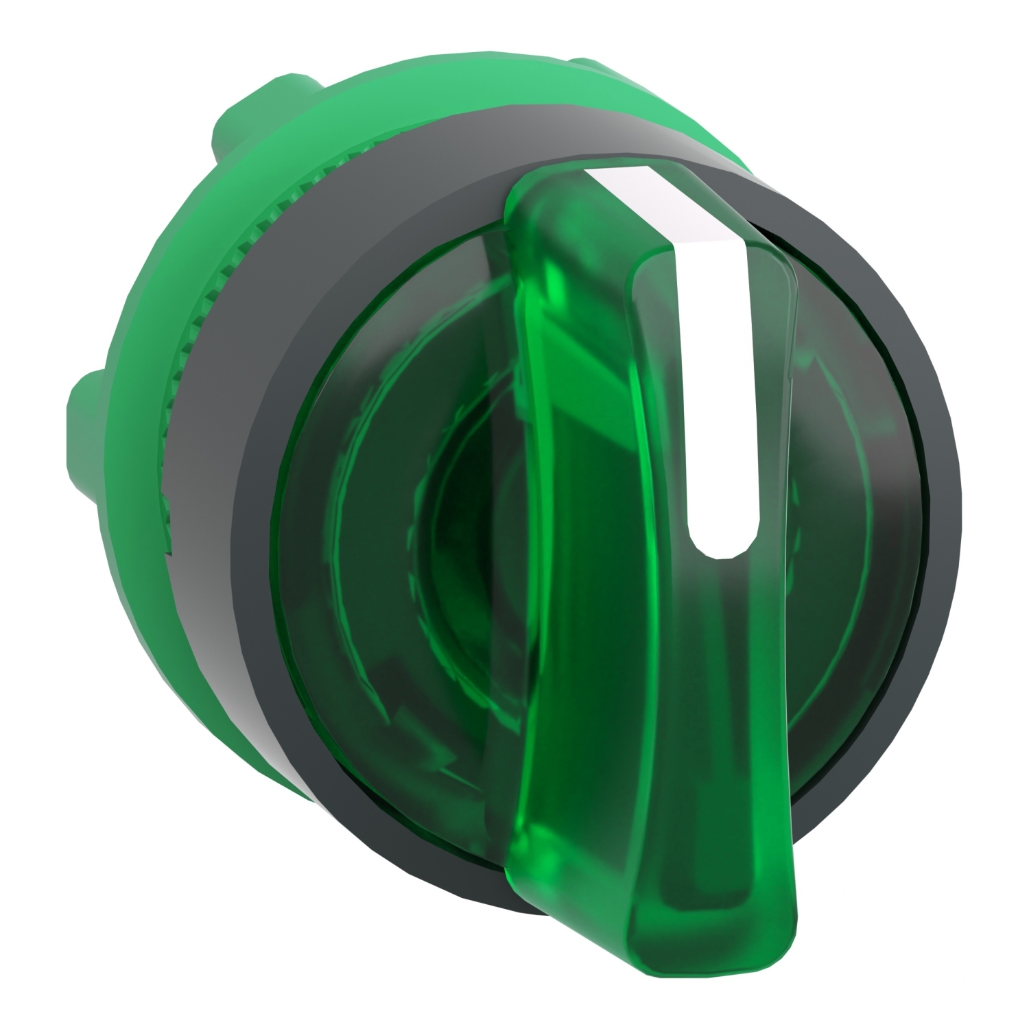 Head for illuminated selector switch, Harmony XB5, grey plastic, green handle, 22mm, universal LED, 3 positions, stay put
