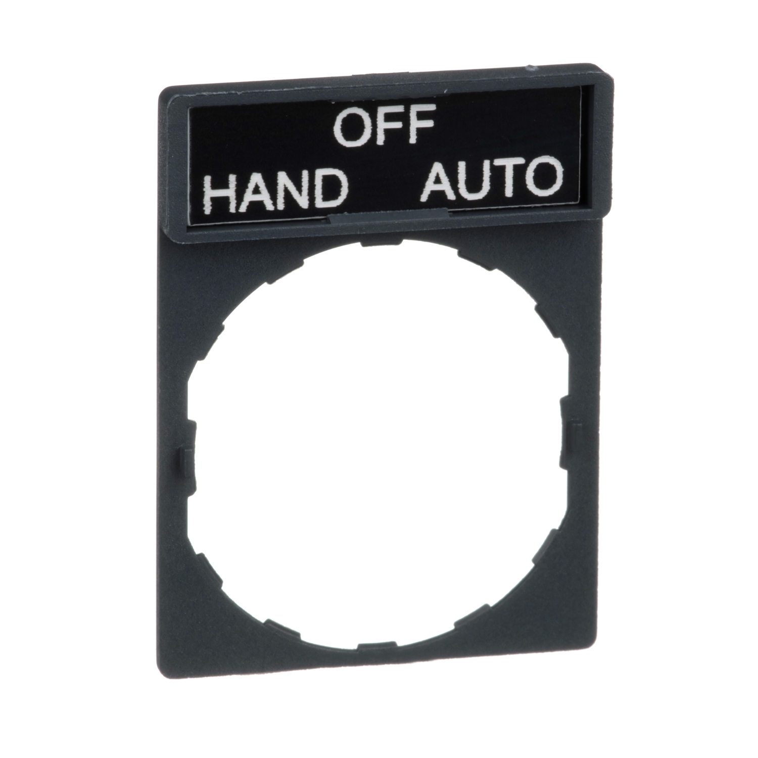 Harmony, 22mm Push Button, legend holder 30 x 40 mm, with legend 8 x 27 mm, marked HAND OFF AUTO