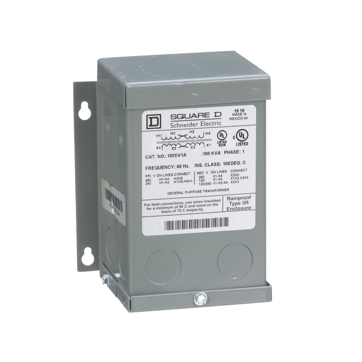 Transformer, dry type, encapsulated, 0.1kVA, 1 phase, 240x480V primary, 120/240V secondary, 2A, 55C rise [TAA]