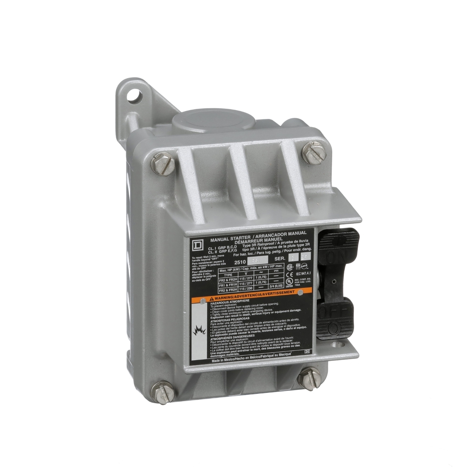 Manual Starter, fractional horsepower, 16A, 1 pole, 1 HP at 277 VAC, no indicator, NEMA 7&9, 1 conduit opening