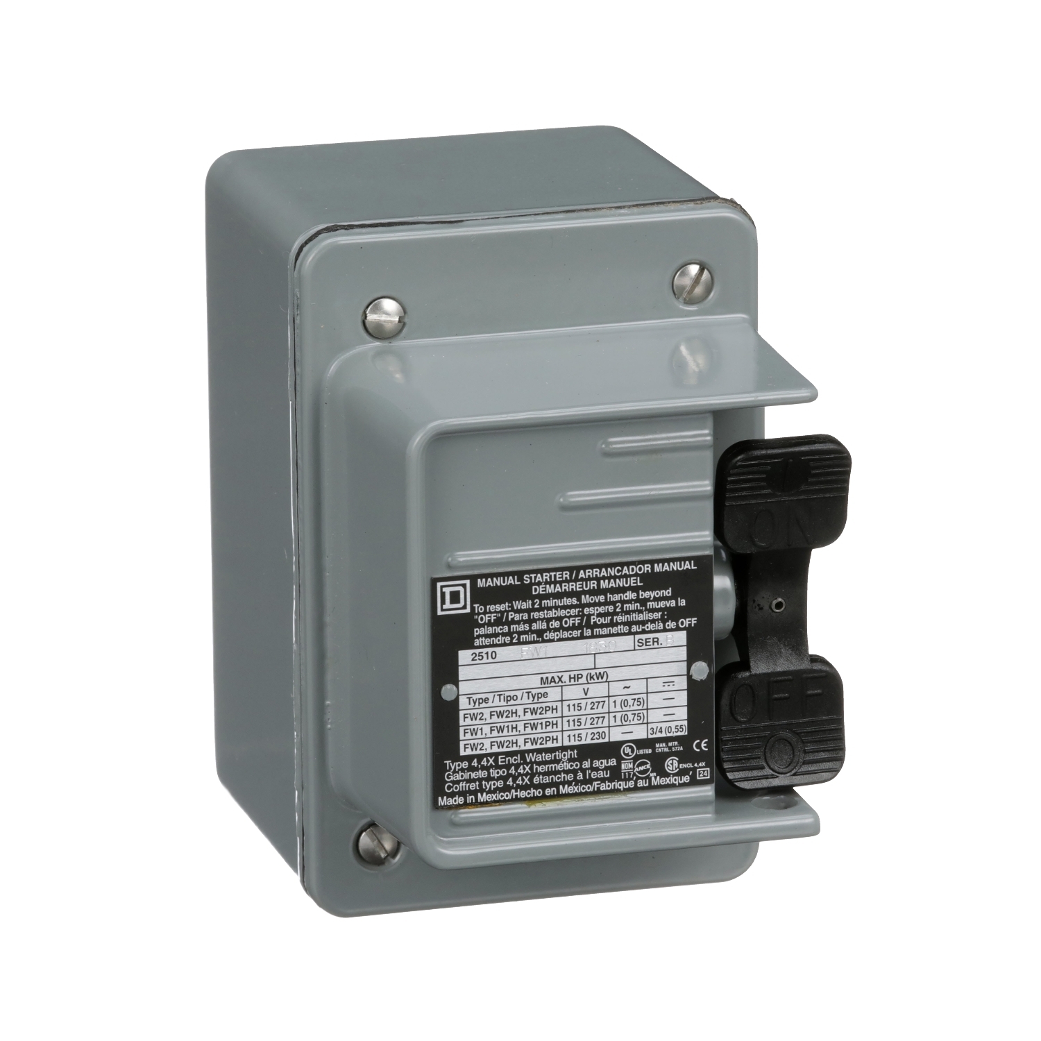 Manual Starter, fractional horsepower, 16A, 2 poles, 1 HP at 277 VAC, no indicator, NEMA 4 enclosure, 1 conduit opening