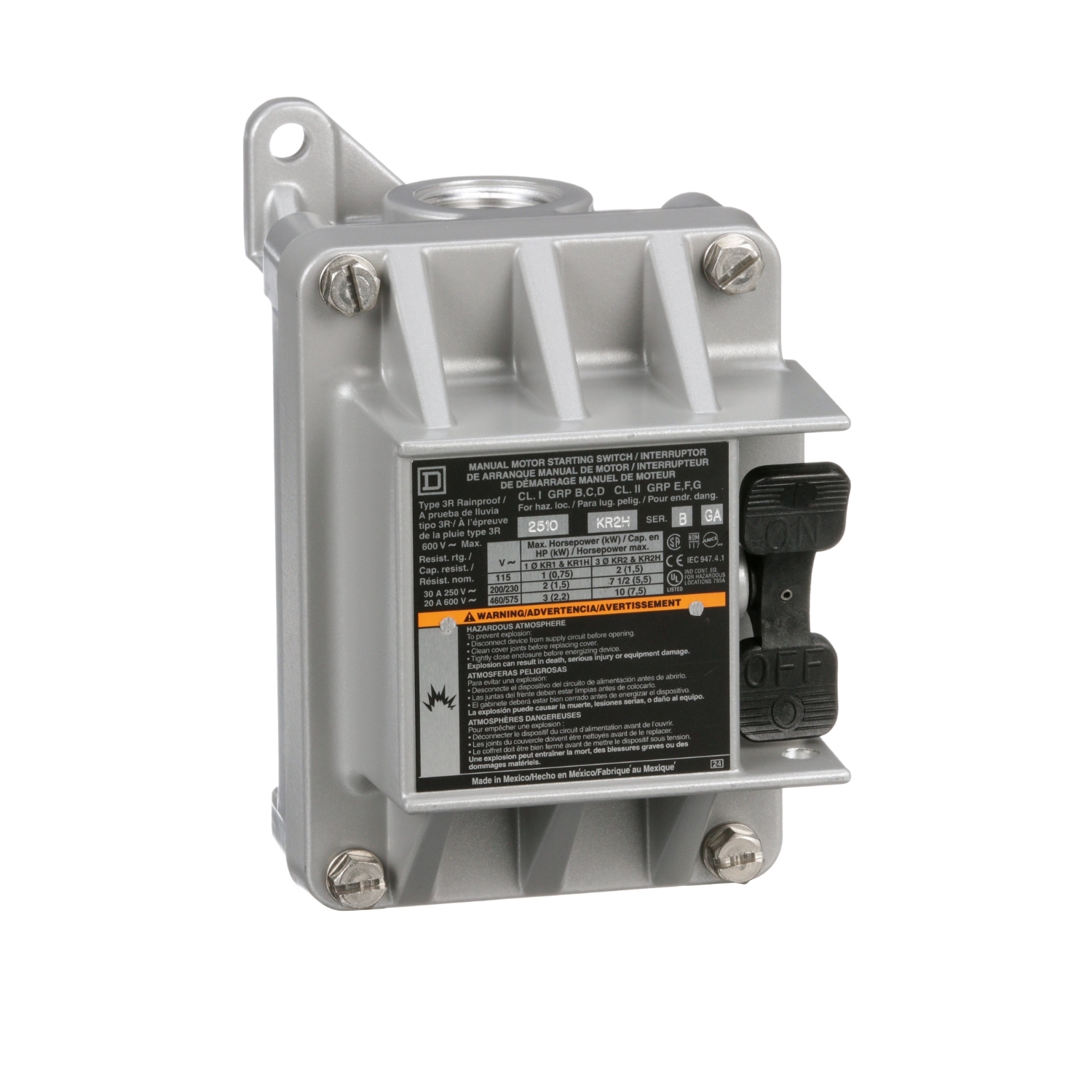 Switch, manual, 30A, 3 pole, 10 HP at 575 VAC, three phase, toggle operated, no indicator, NEMA 7/9, two conduit opening