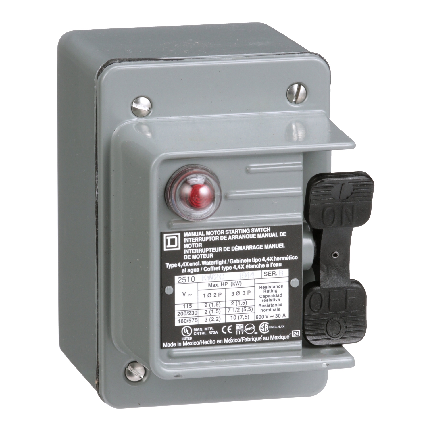 Switch, manual, 30A, 3 pole, 10 HP at 575 VAC, three phase, toggle operated, red 440/600 VAC indicator, NEMA 4 enclosure