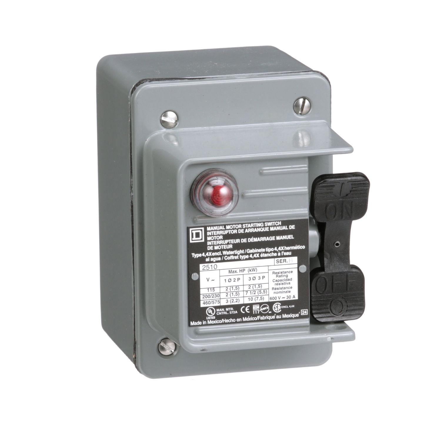 Switch, manual, 30A, 3 pole, 10HP at 575VAC, 3 phase, toggle operated, red 440/600VAC indicator, NEMA 4 enclosure