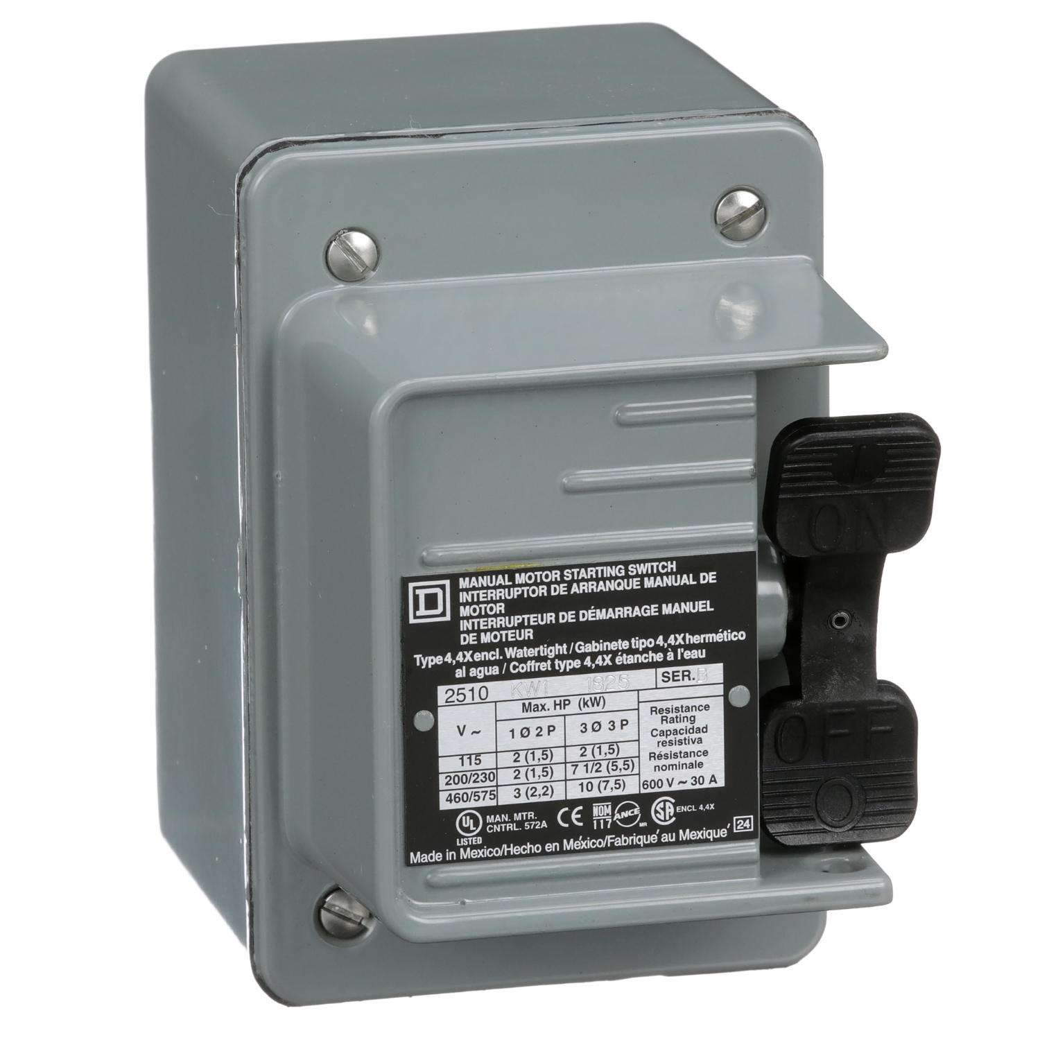 Switch, manual, 30A, 3 pole, 20HP at 575VAC, 3 phase, toggle operated, no indicator, NEMA 4, one conduit opening