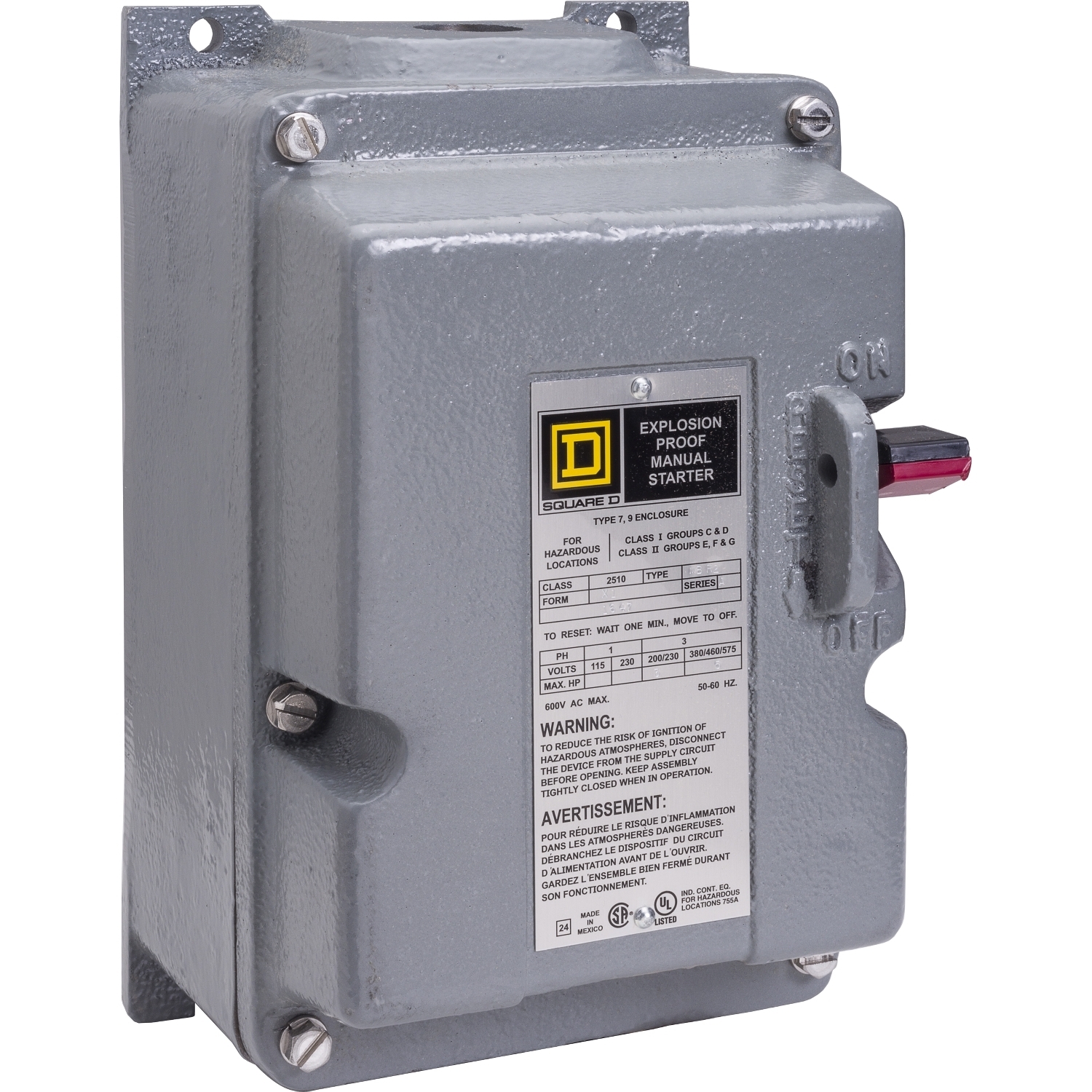 Manual starter, integral horsepower, NEMA M1, 600VAC, 3 pole, 10HP at 380/575VAC, 3 phase, no indicator, NEMA 7/9