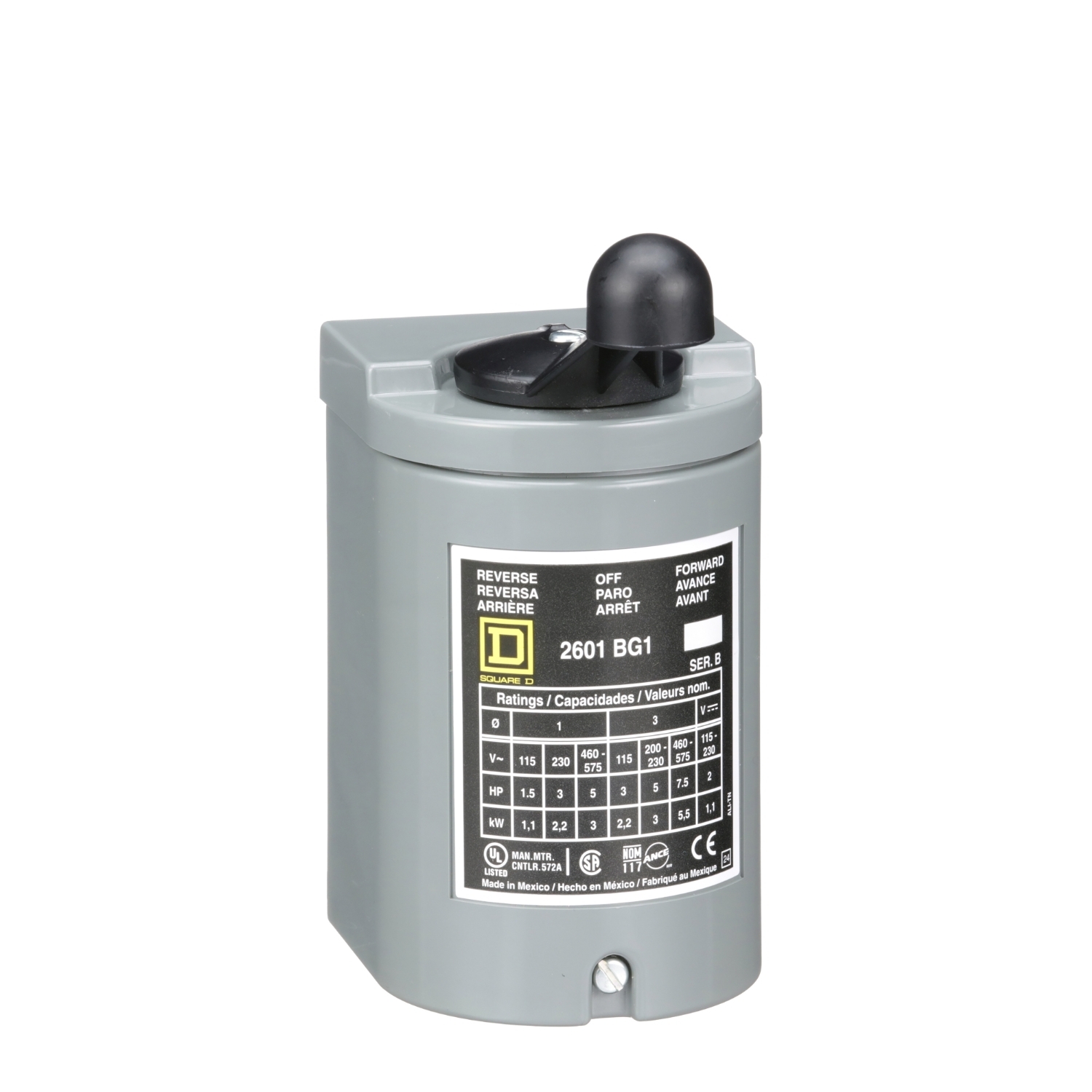 Switch, reversing drum, 5 HP at 575 VAC single phase, 7.5 HP at 575 VAC polyphase, handle operated, NEMA 1 enclosure