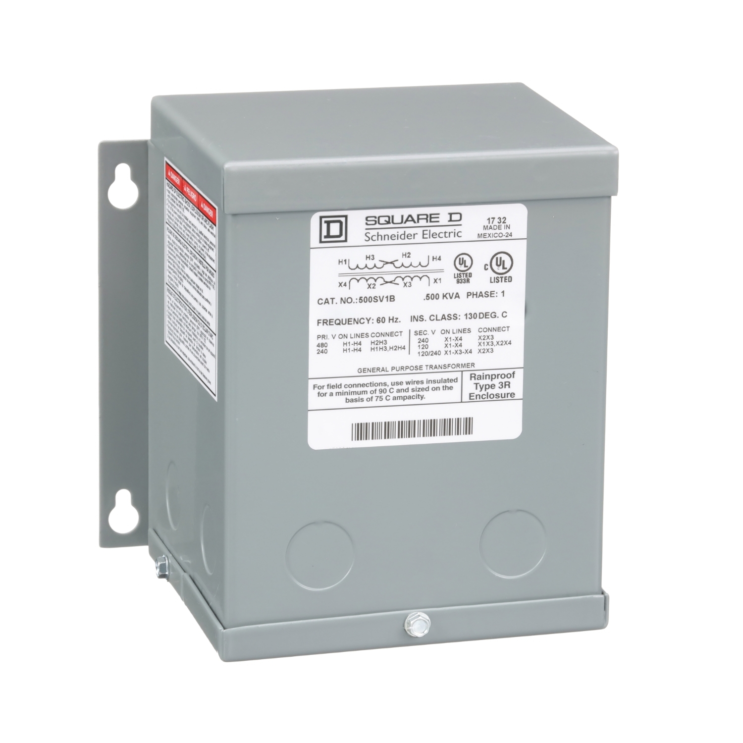 Transformer, dry type, encapsulated, 0.5kVA, 1 phase, 240x480V primary, 120/240V secondary, 5A, 55C rise [TAA]