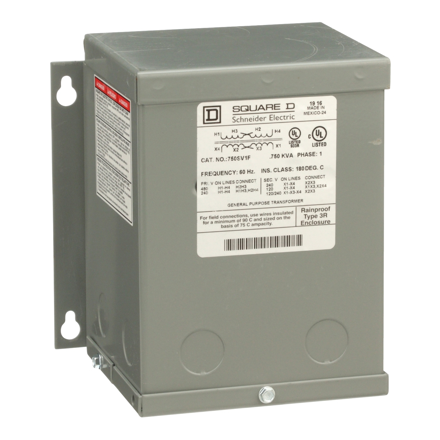 Transformer, dry type, encapsulated, 0.75kVA, 1 phase, 240x480V primary, 120/240V secondary, 6A, 55C rise [TAA]